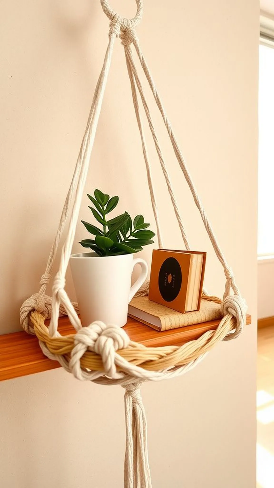 Woven macrame shelf to display small treasures