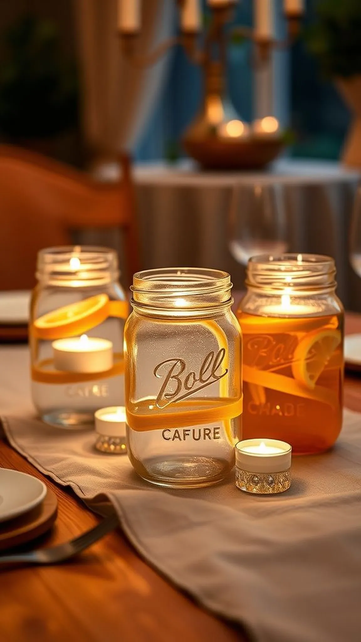 Floating candle mason jar centerpiece for dinner