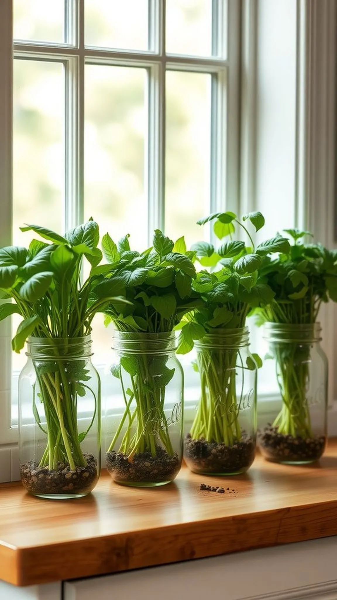 Kitchen herb garden in mason jar row