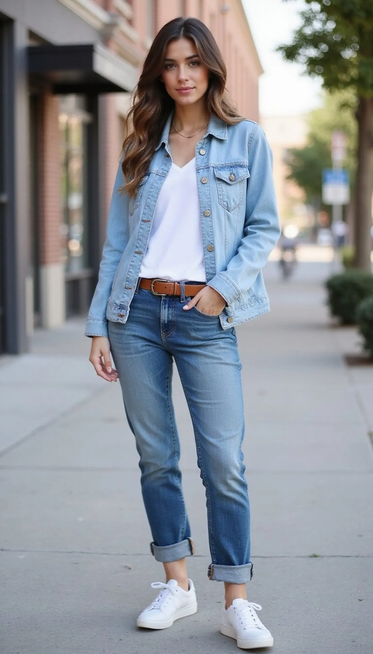 Denim-on-denim with white tee — weekend-ready combo