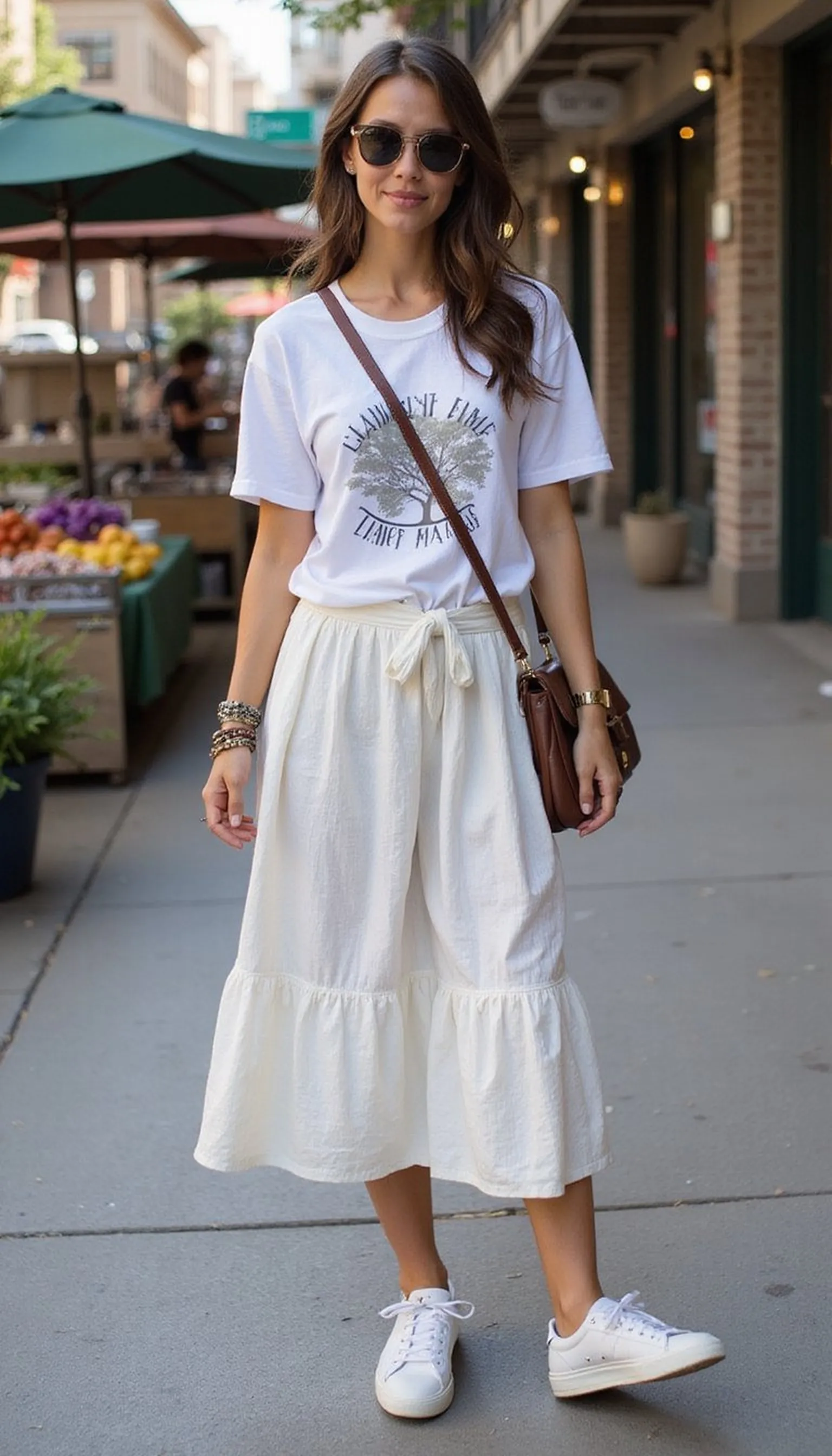 Graphic tee with midi skirt — relaxed but styled