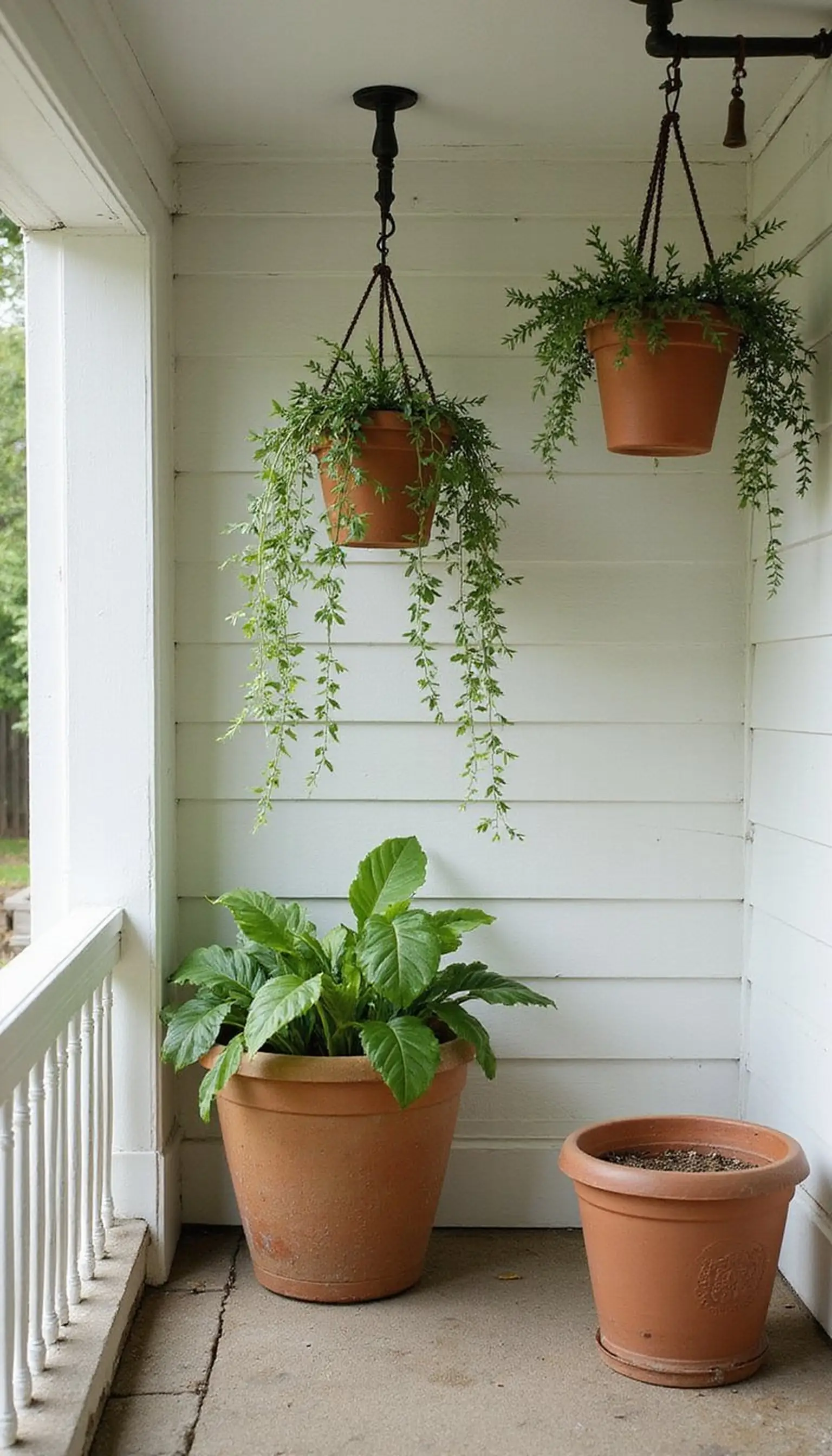 Hanging planters add pocket gardens to the porch
