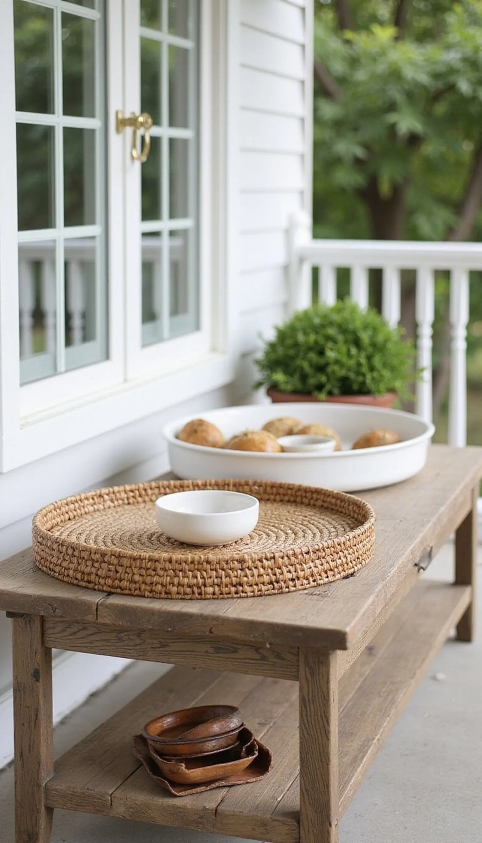 Rustic side table with stacked trays