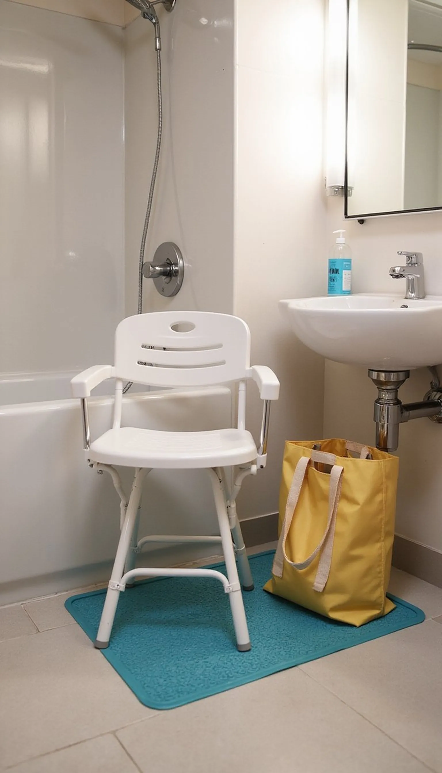 Foldable shower chair for hotel bathrooms