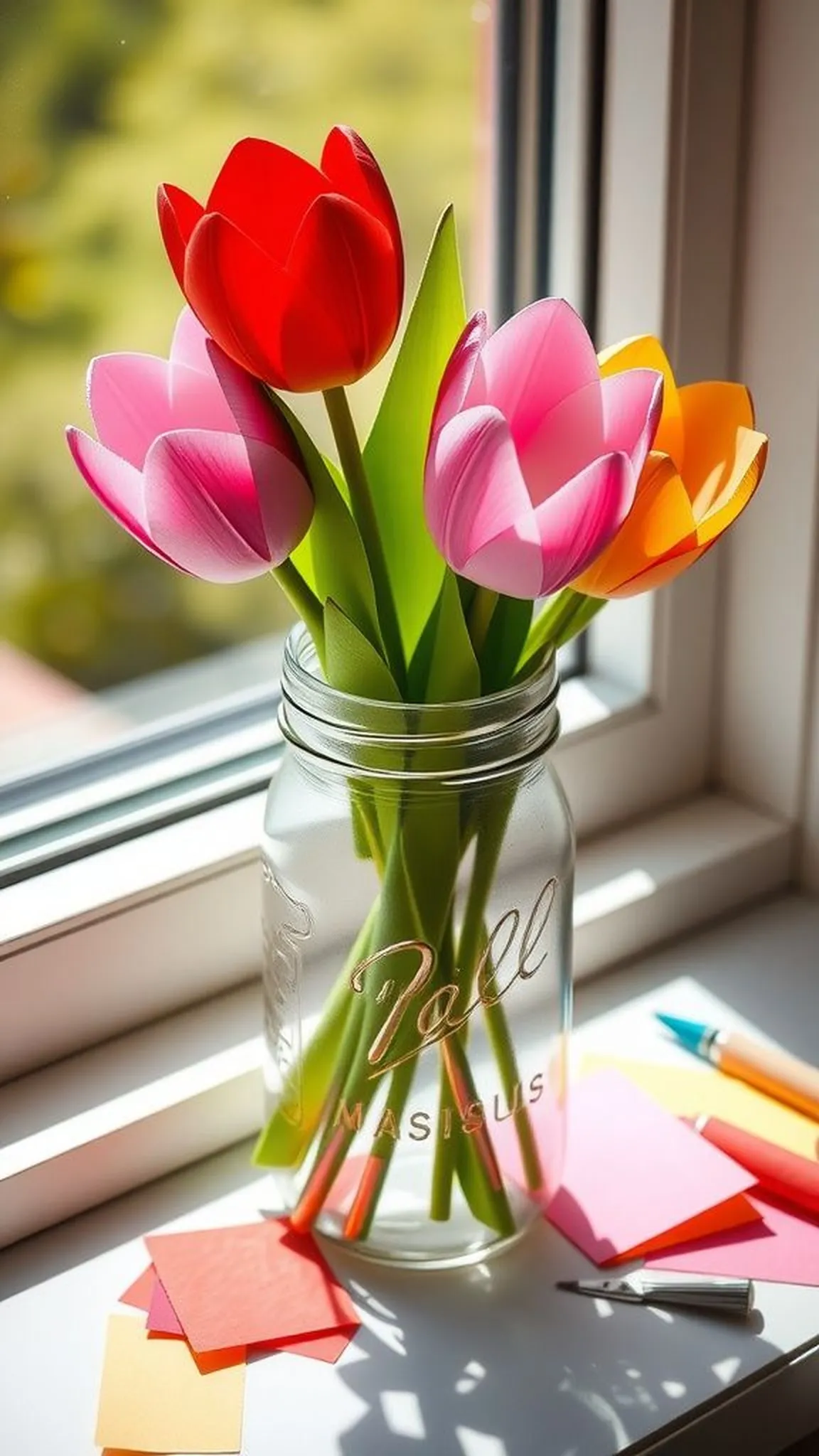 Accordion tulip stems in a mason jar display
