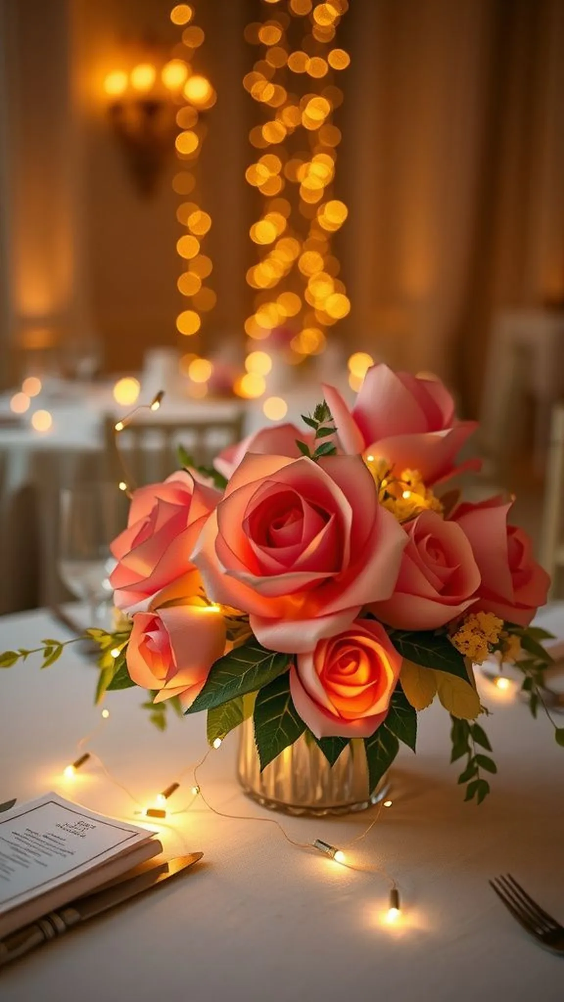 Centerpiece of paper blooms with twinkling LED lights