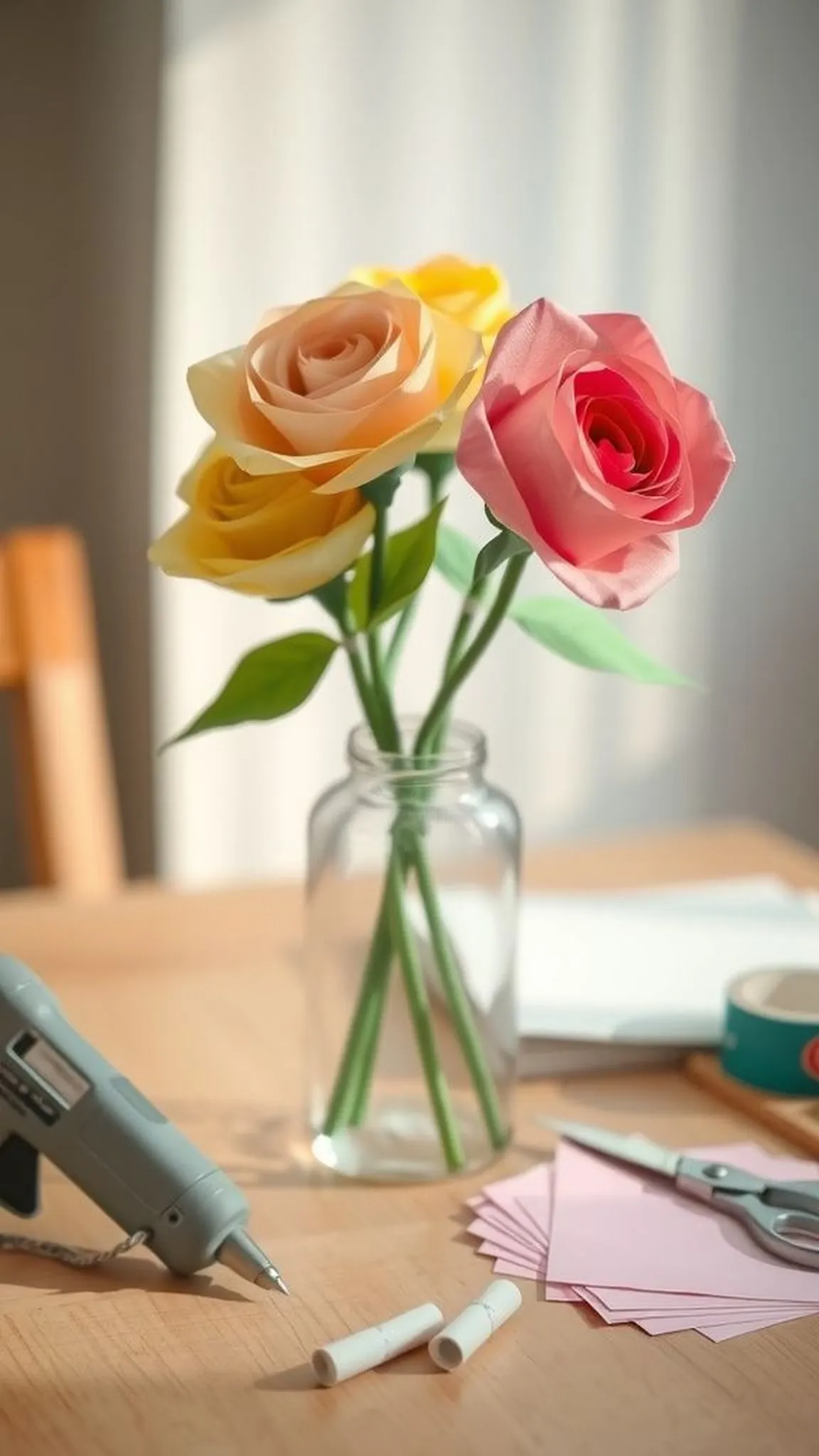 Classic rolled paper rose bouquet in a glass vase