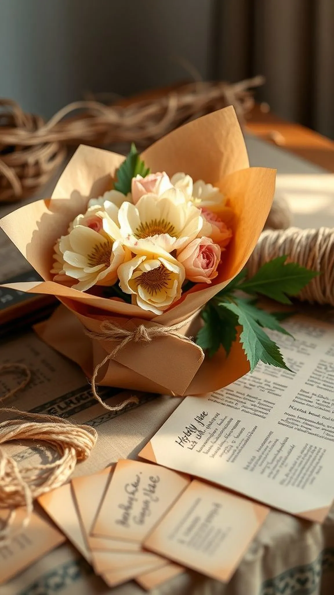Kraft-wrapped paper flower bouquet with handwritten tag