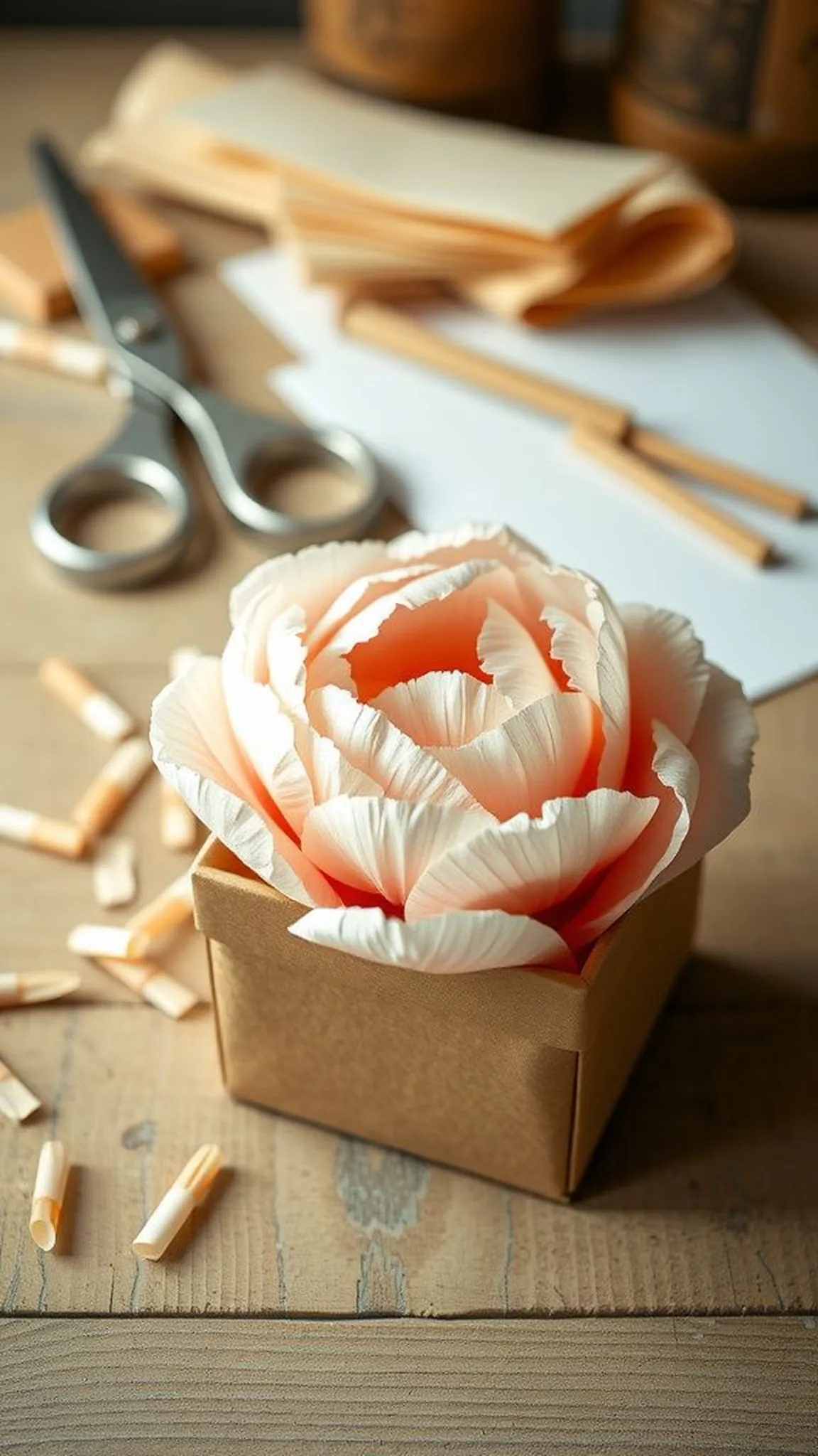 Layered paper peony blooms in a gift box