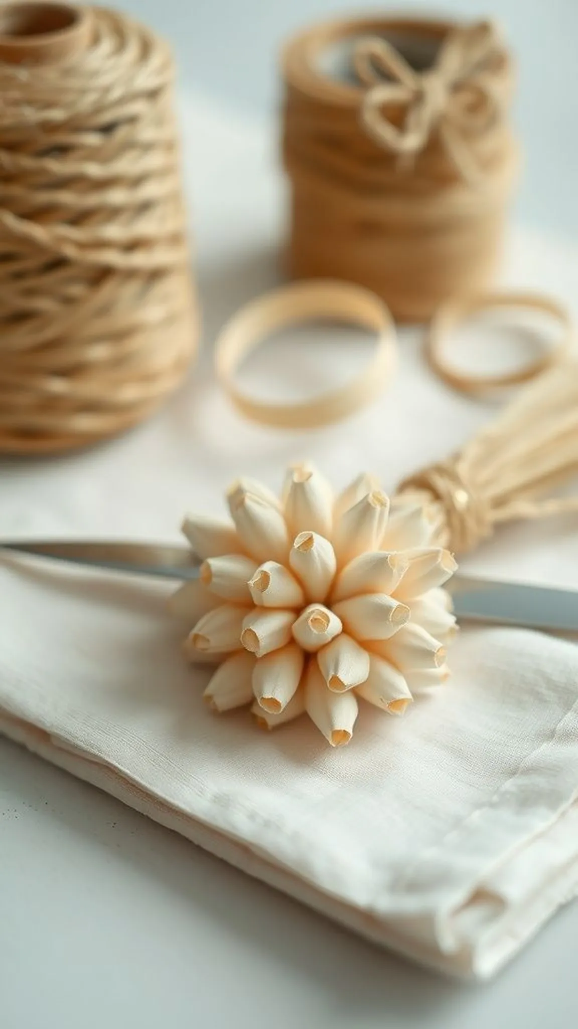 Mini bouquet of paper buds tied with twine