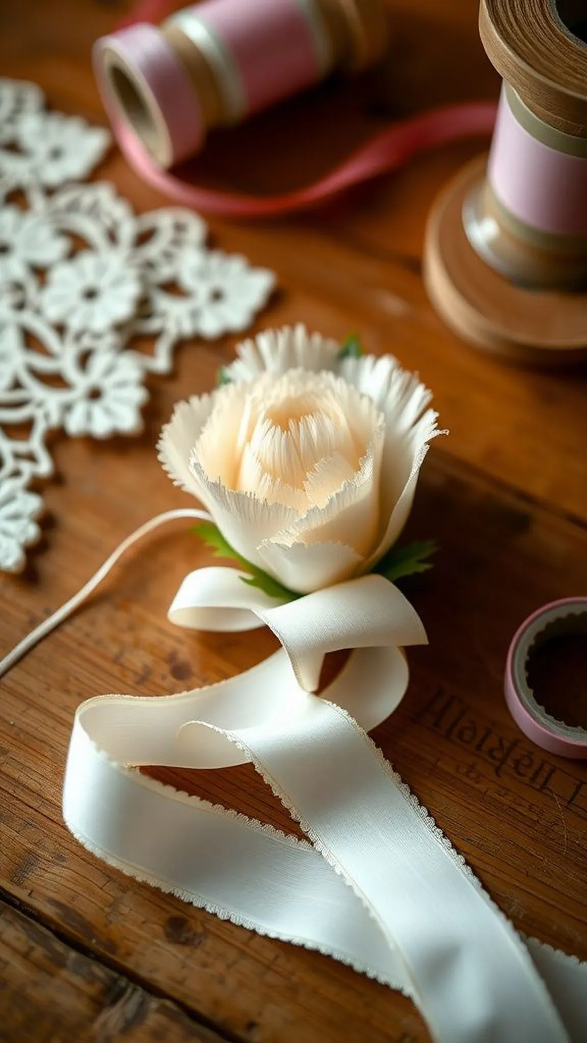 Petite rolled carnation corsage on a ribbon pin