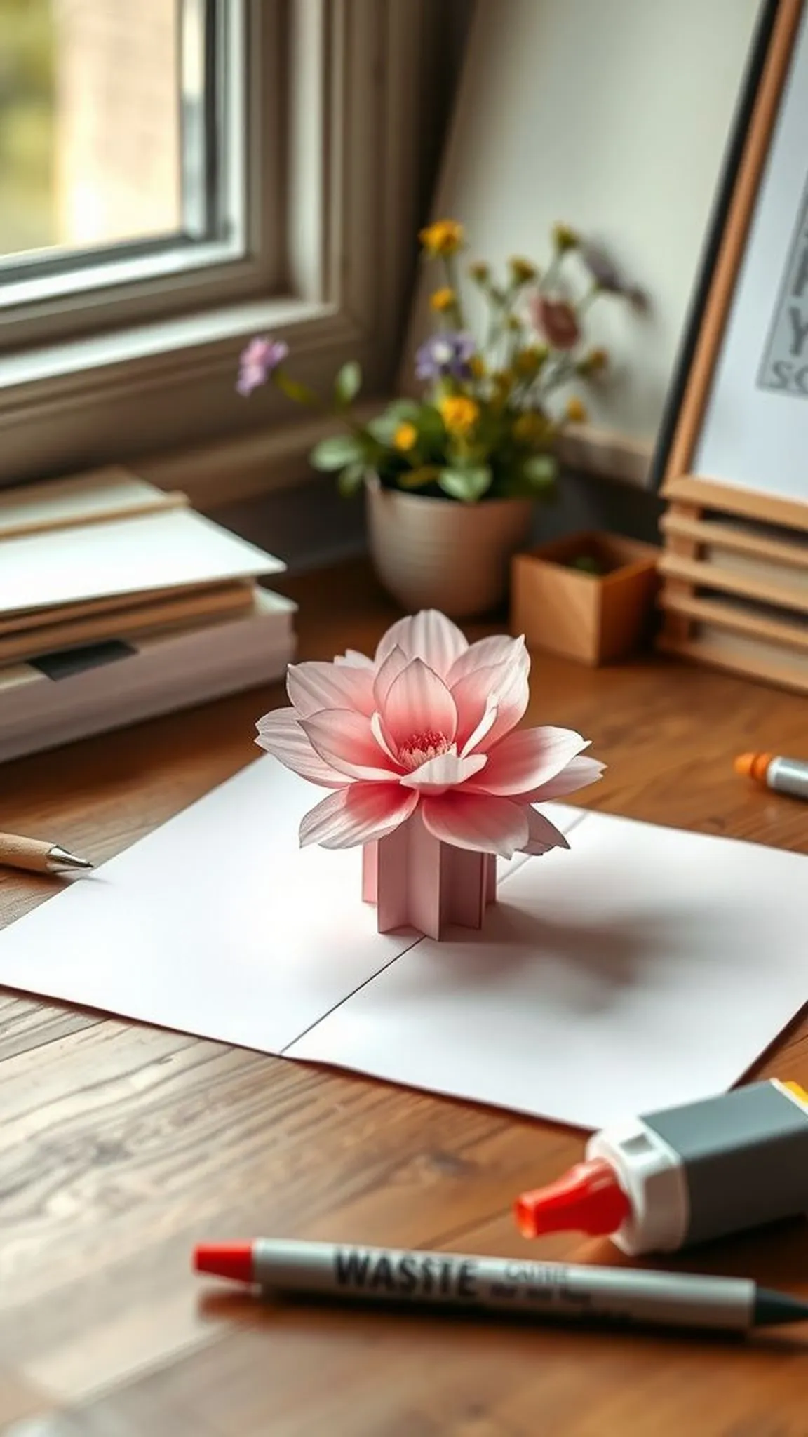 Pop-up paper flower card that unfolds in 3D