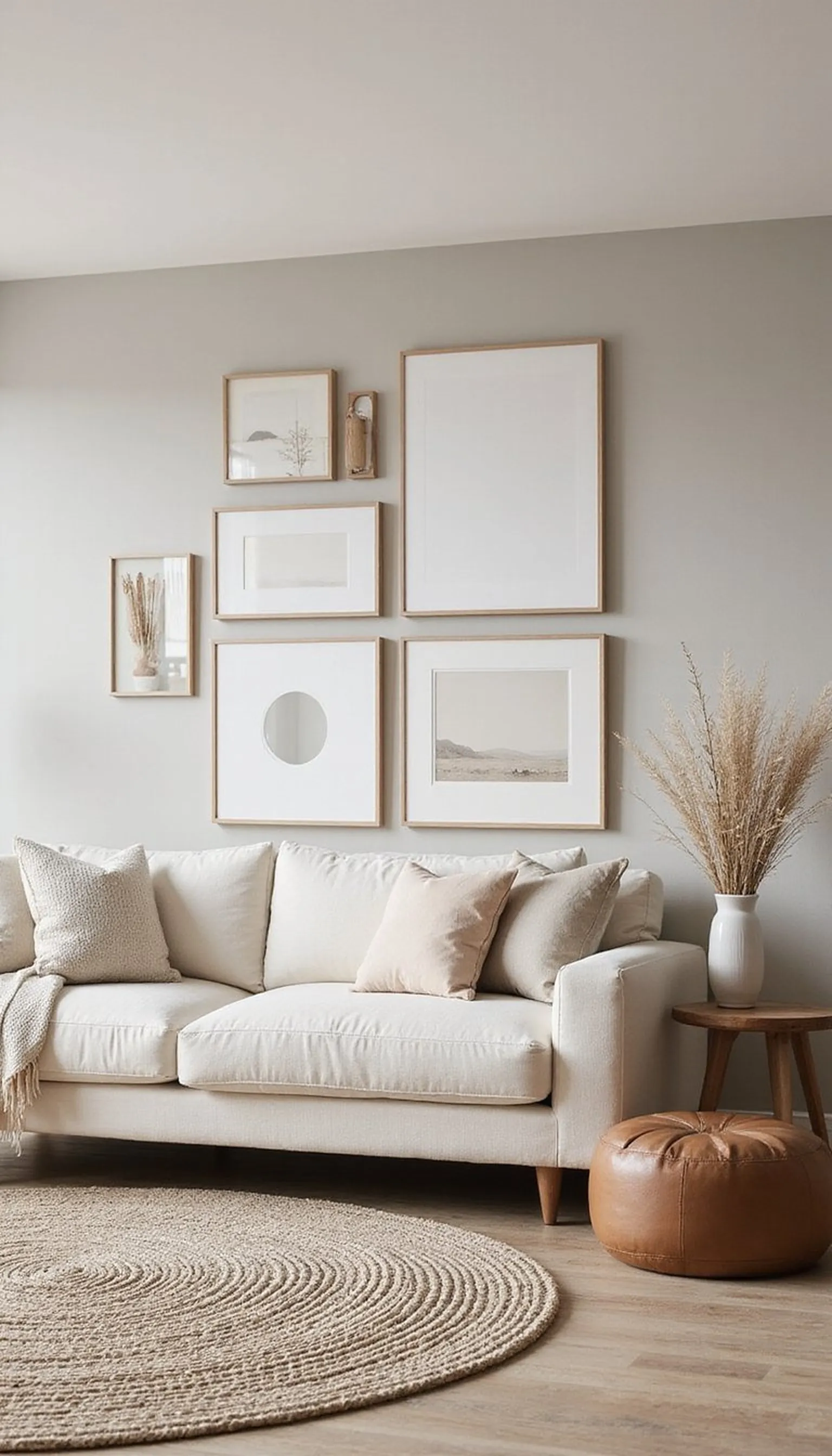 Neutral statement wall with layered art