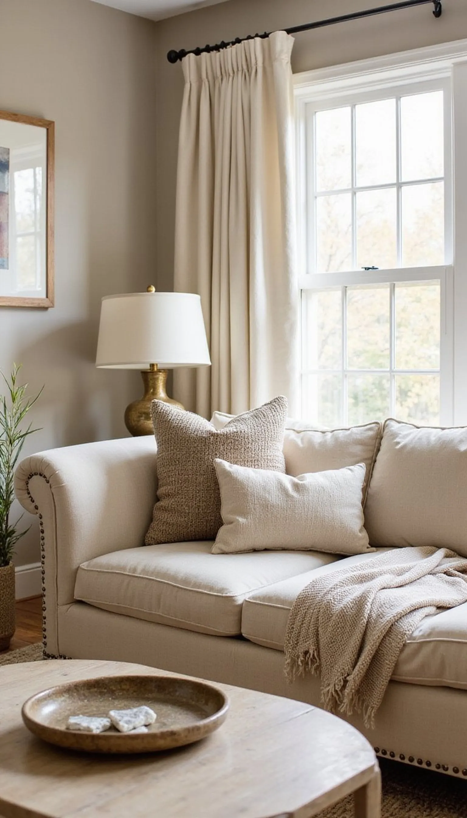 Warm greige with soft metallic accents