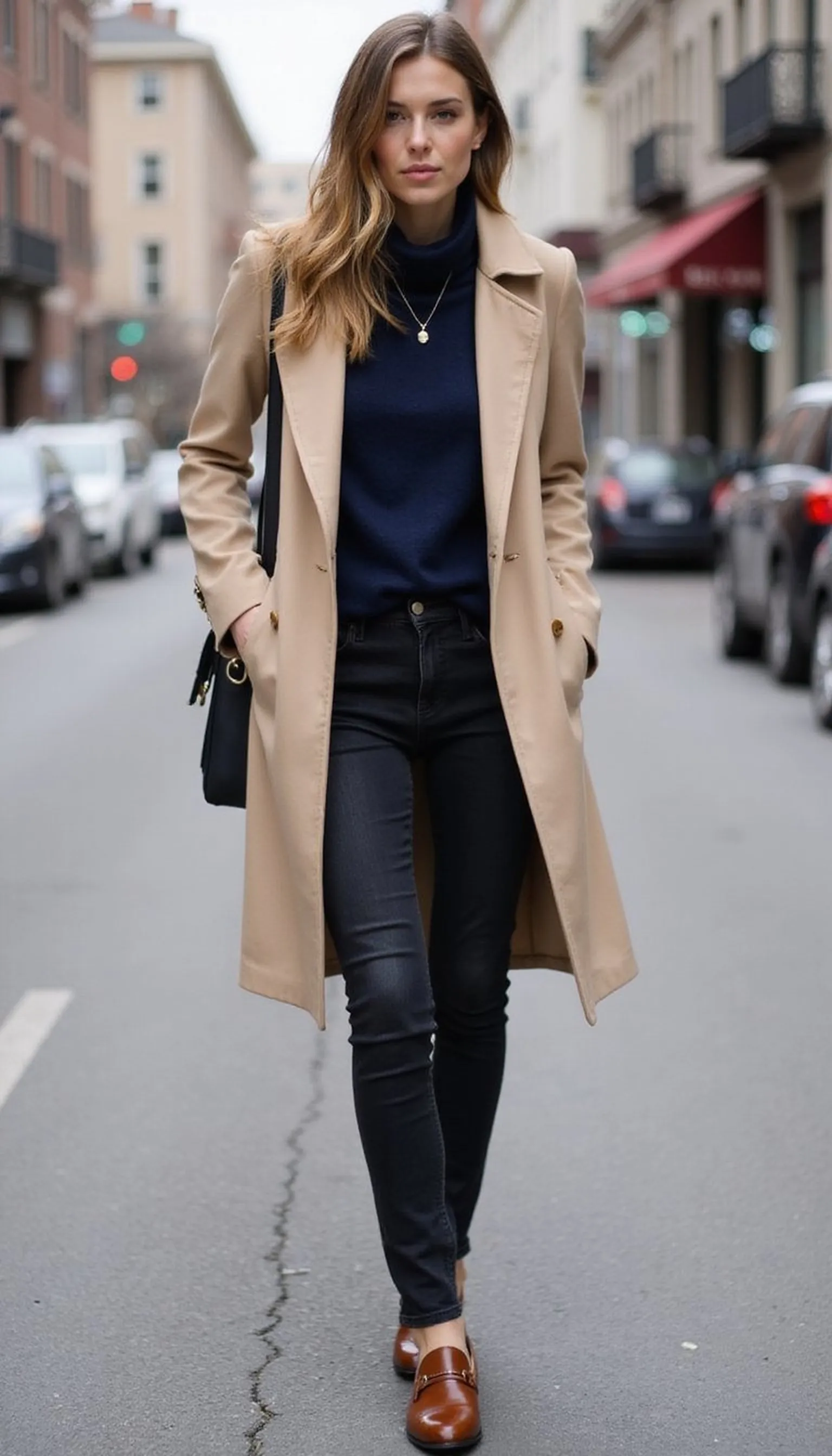 Classic trench layered over a fine knit