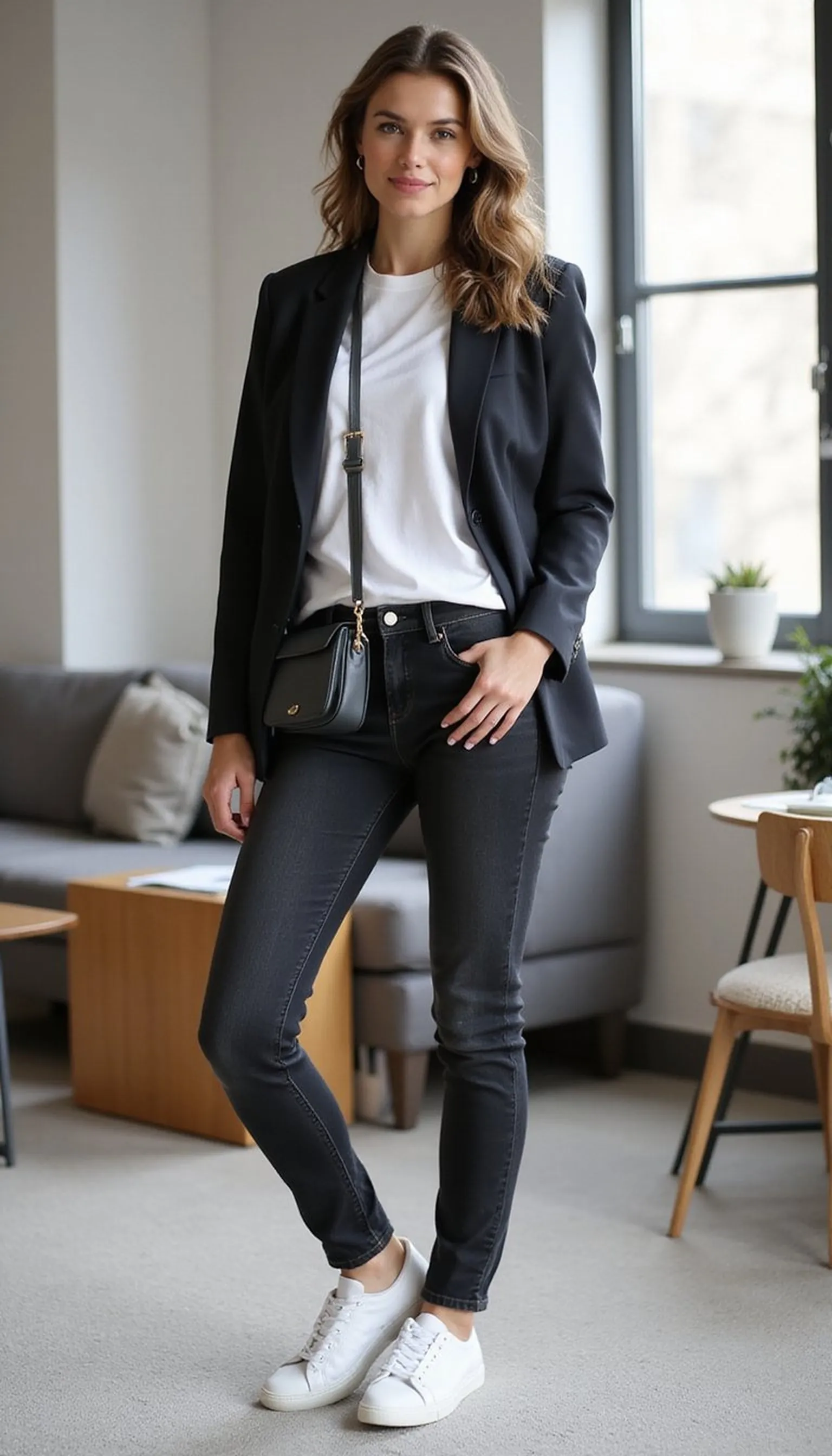 Clean tee under a structured blazer for Casual Friday
