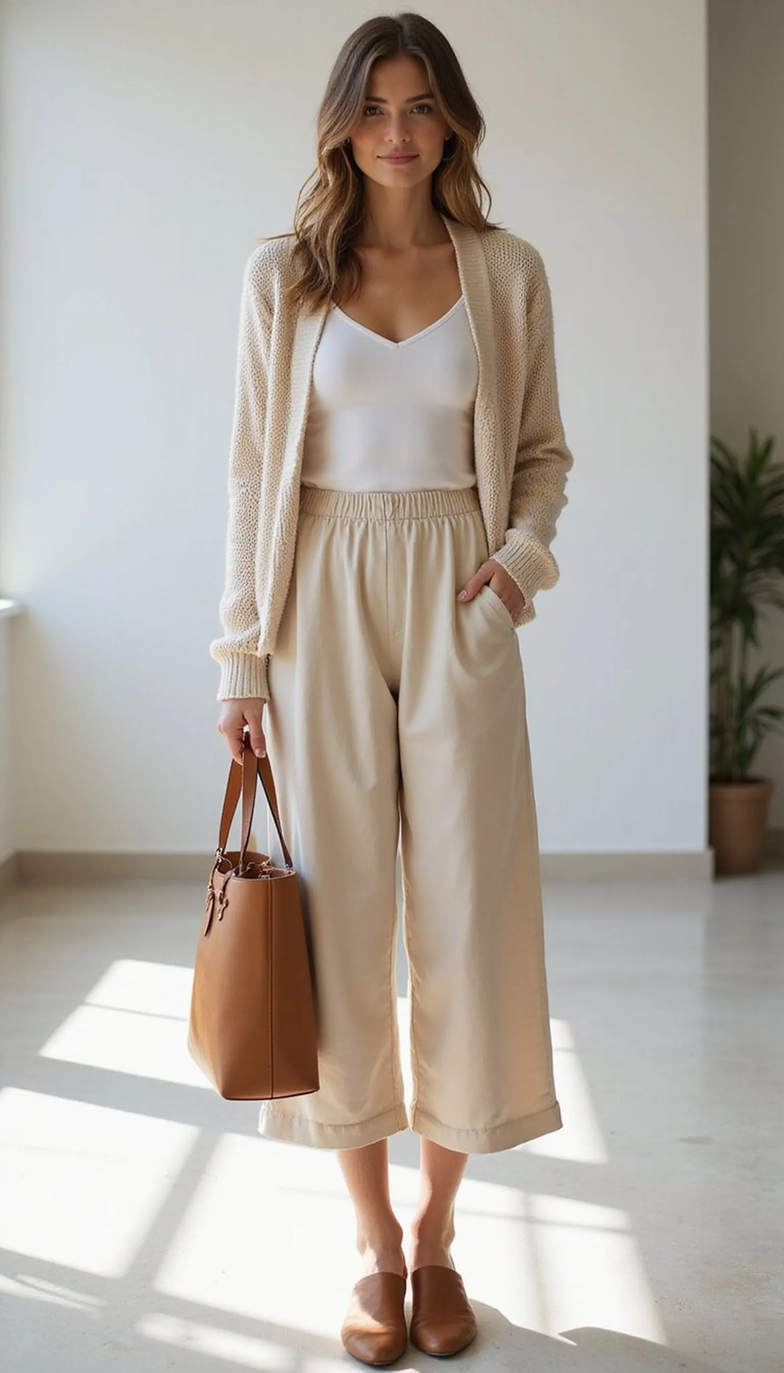Light cardigan paired with wide culottes and mules
