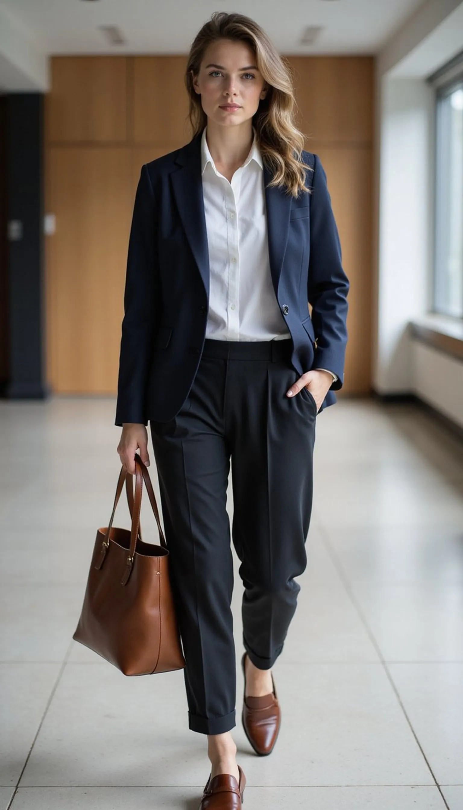 Polished blazer with tapered trousers for desk days