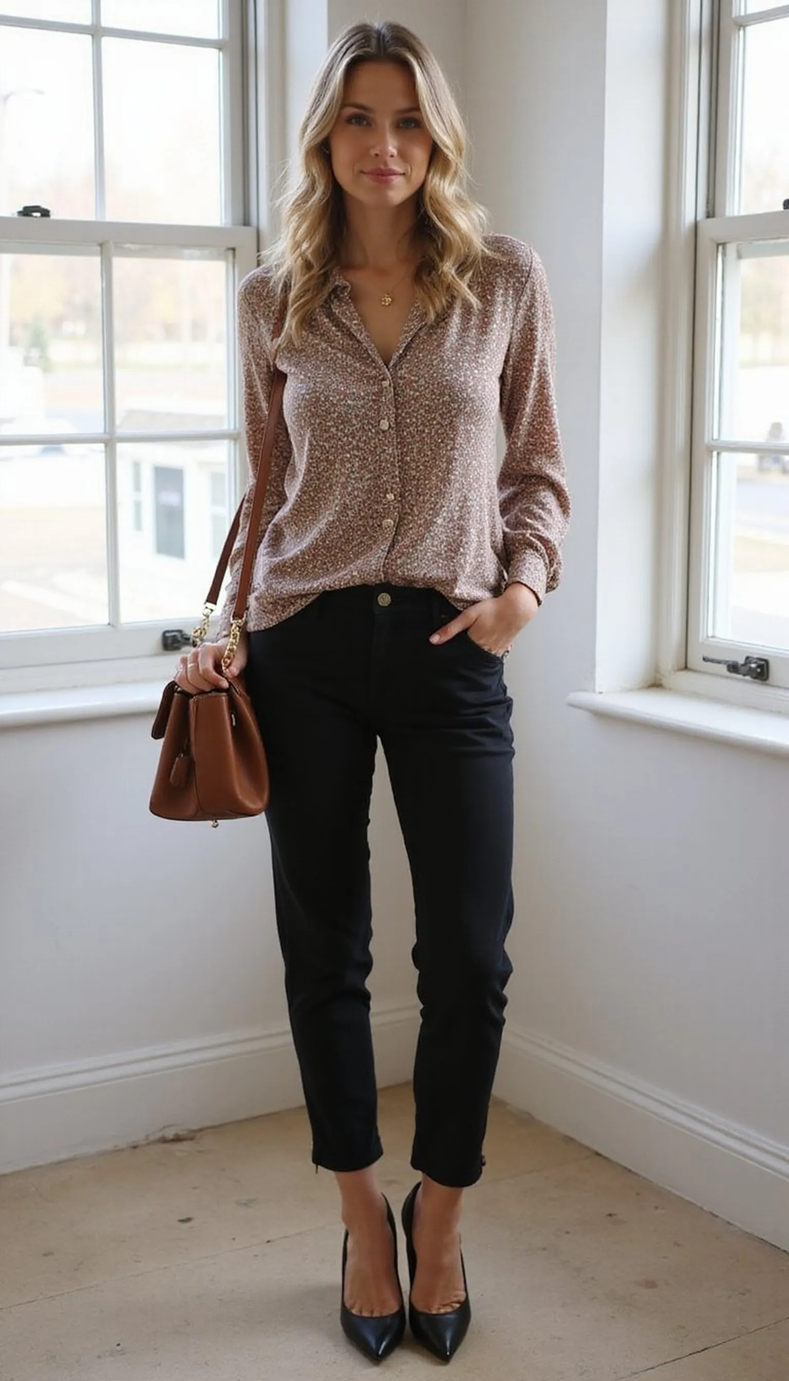 Printed blouse paired with simple black trousers