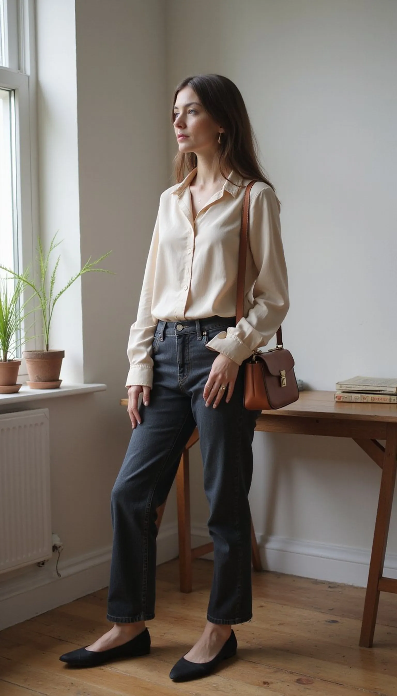 Silk blouse tucked into straight dark jeans