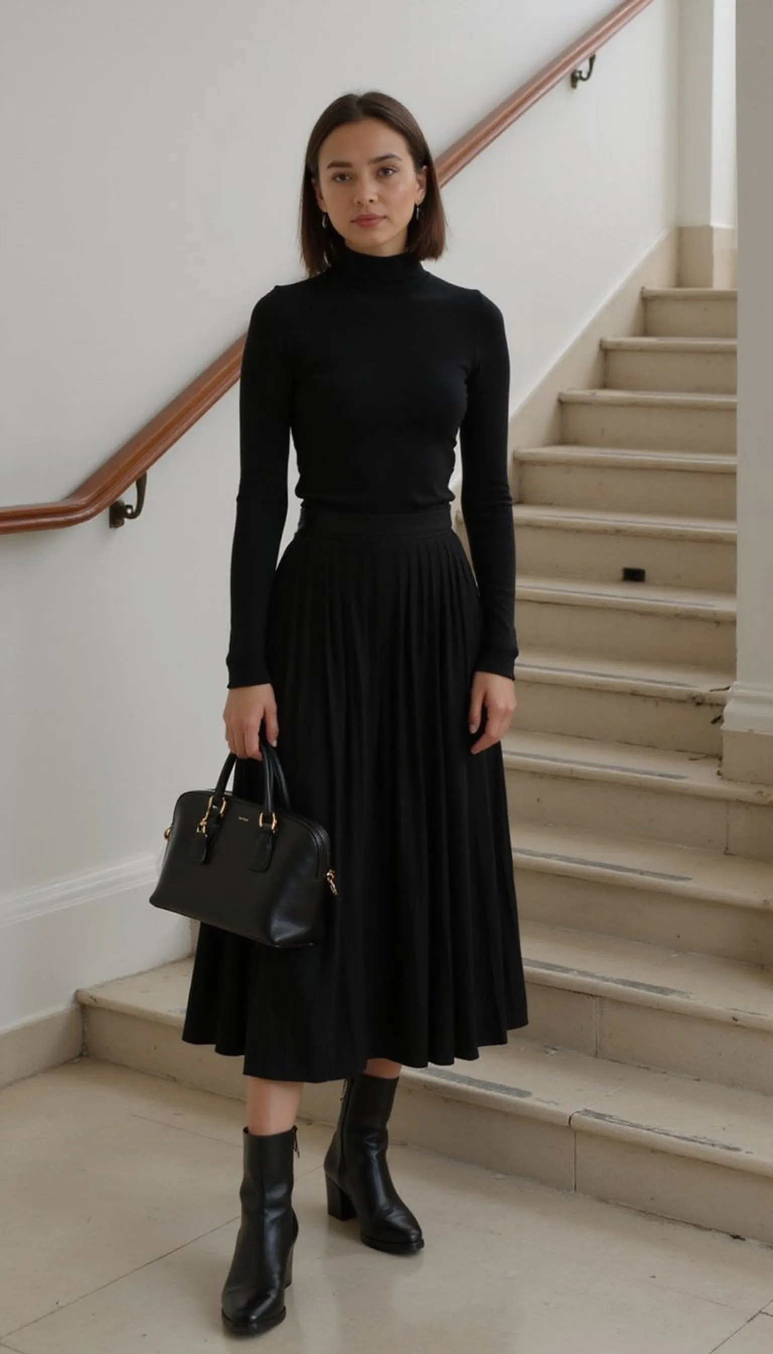 Slim turtleneck matched with a pleated midi skirt