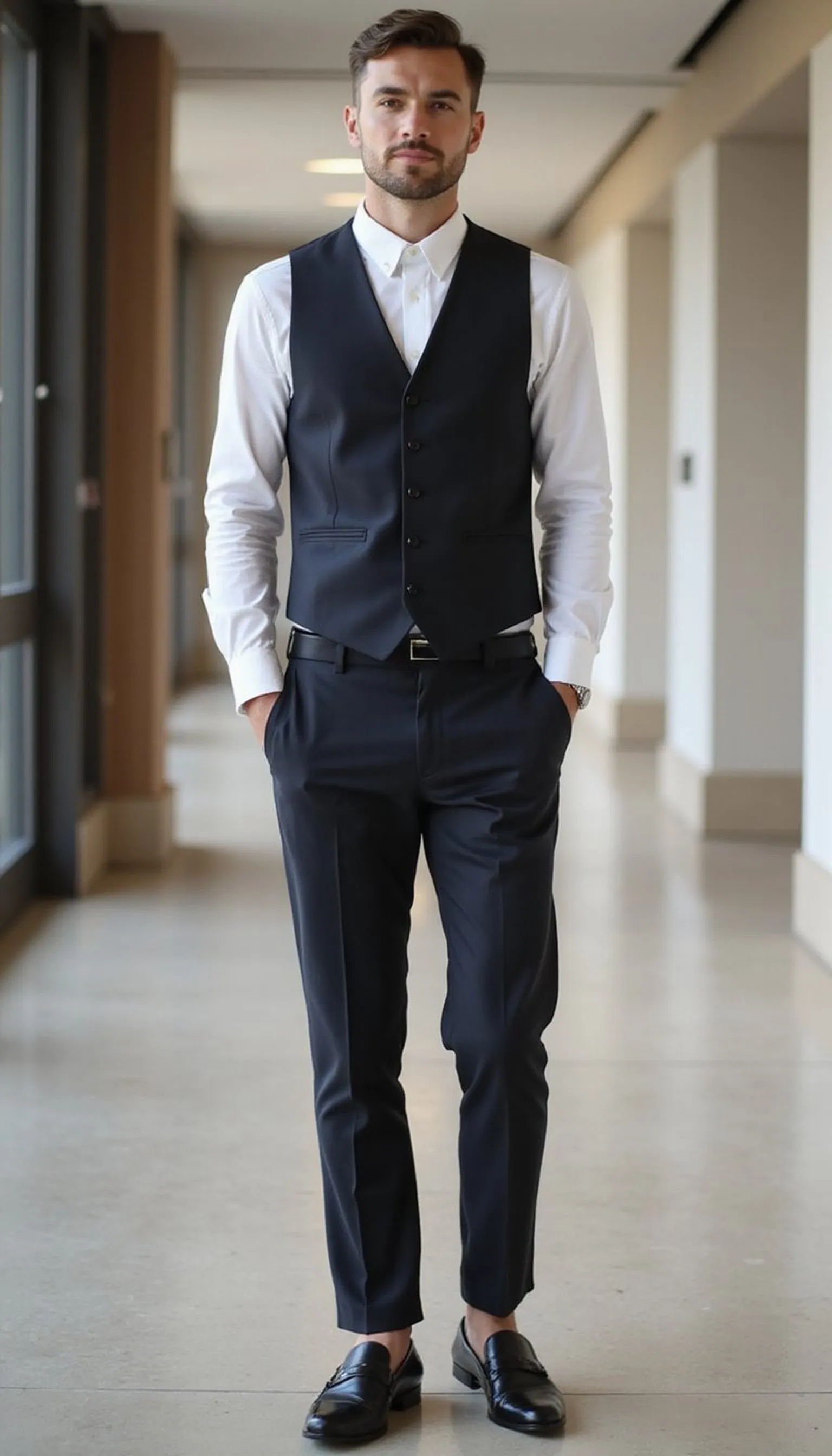 Tailored vest layered over a crisp long sleeve shirt