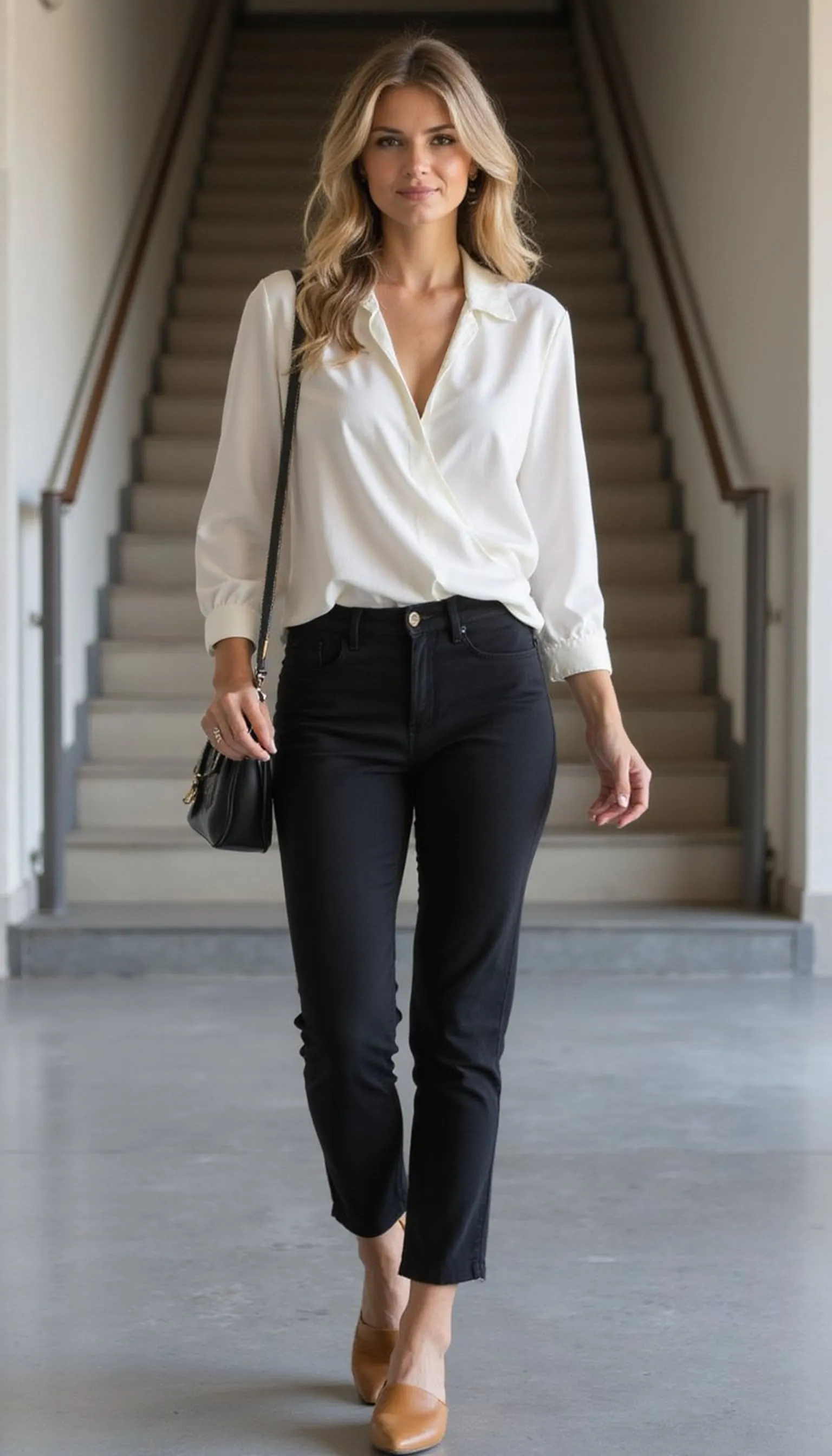 Wrap blouse tucked into tailored cigarette pants