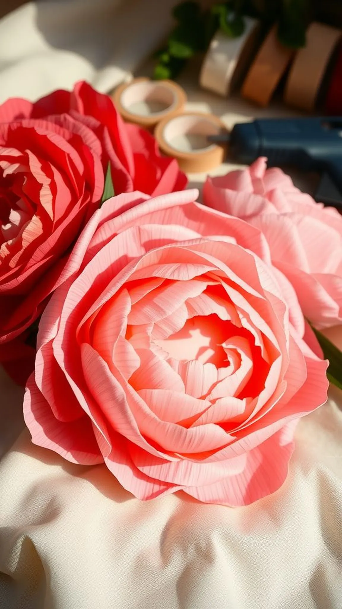 Layered crepe paper peonies with ruffled centers