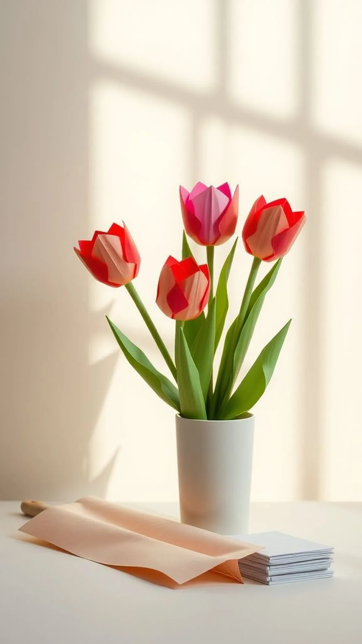 Origami tulips with simple folded stems