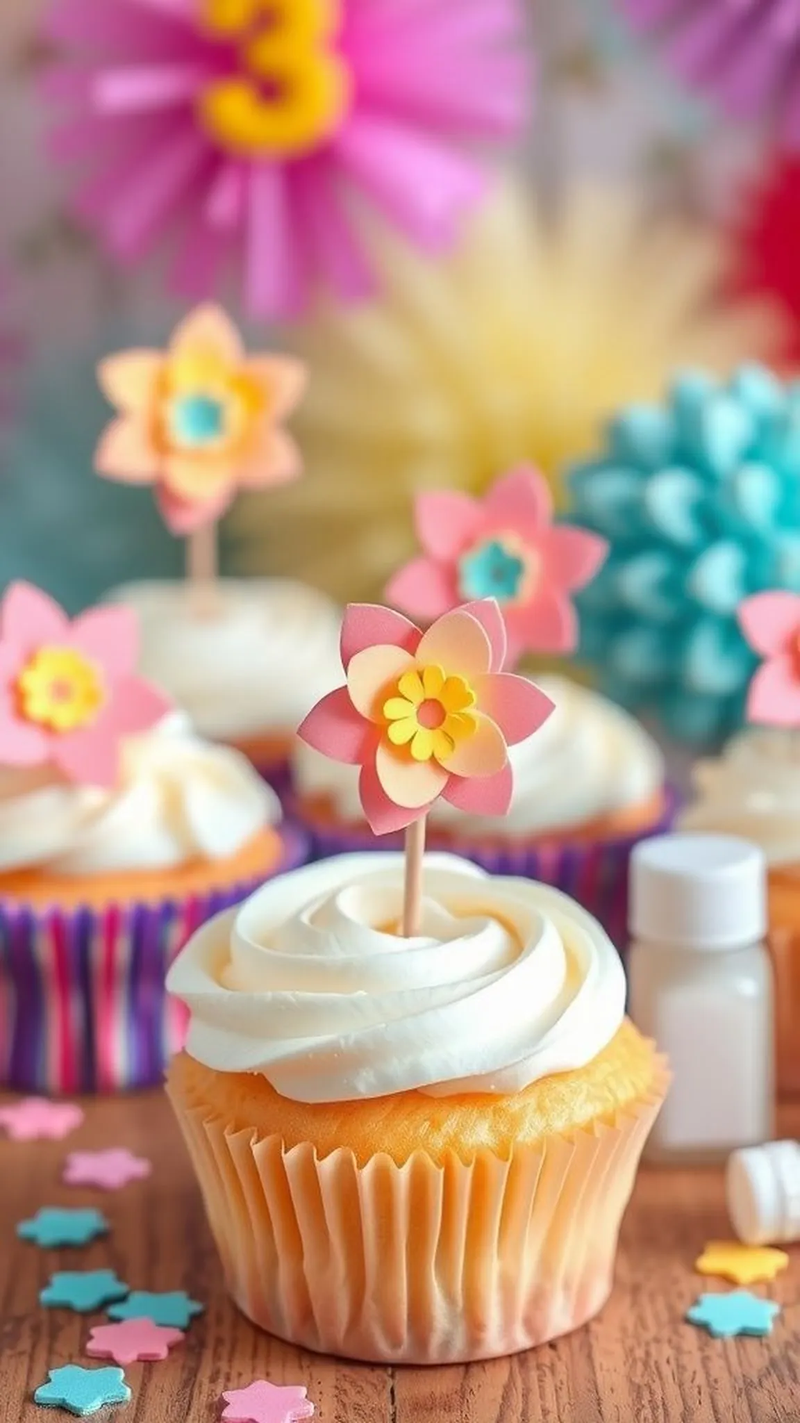 Paper cupcake toppers shaped like tiny blooms