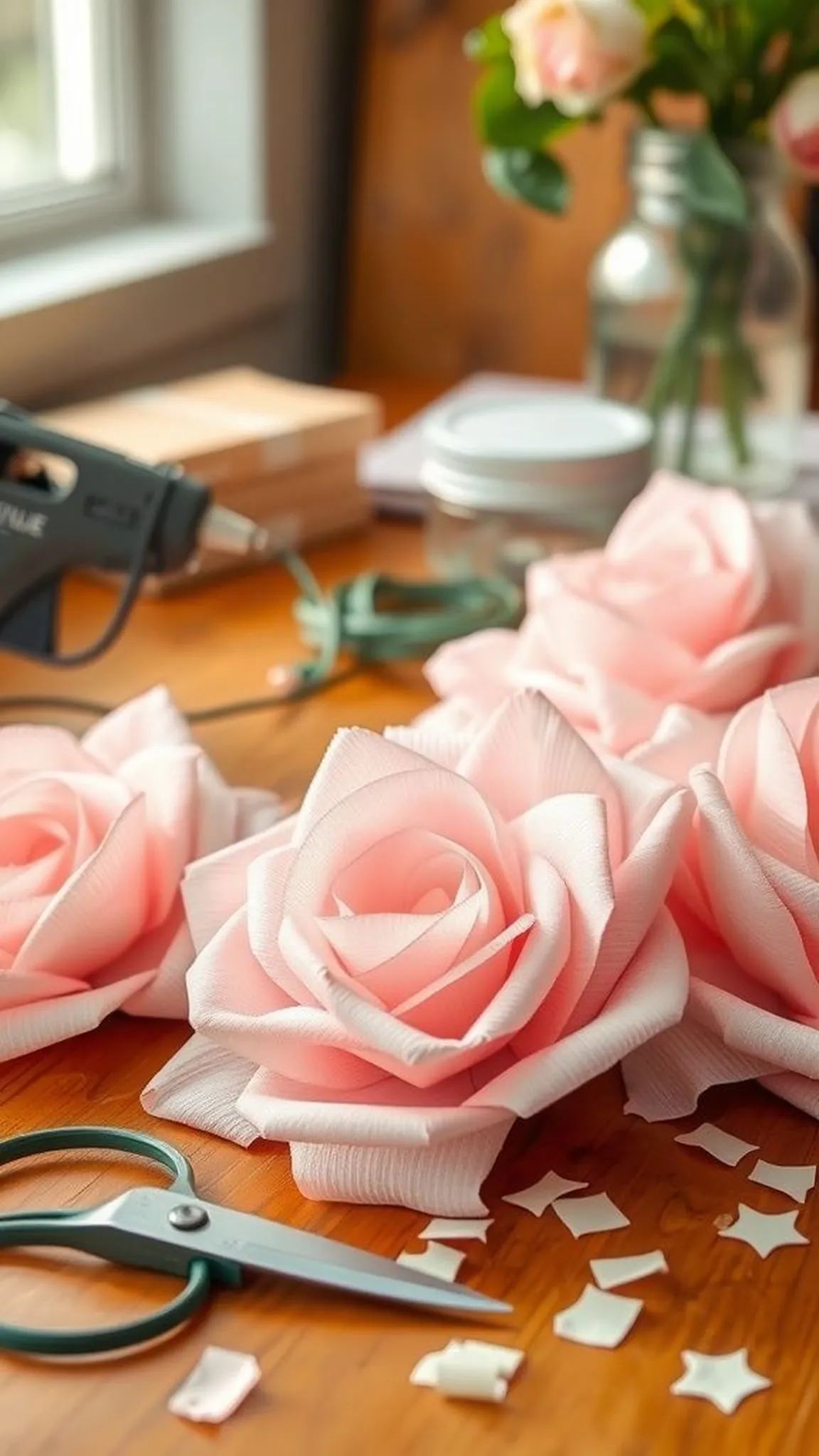 Rolled crepe paper roses with soft edges