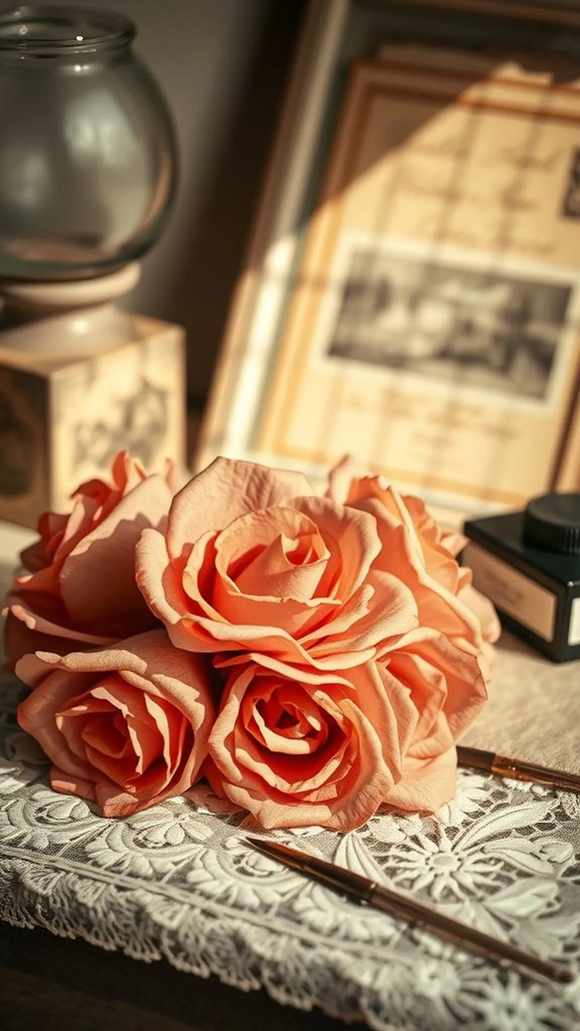 Vintage paper roses with inked edges