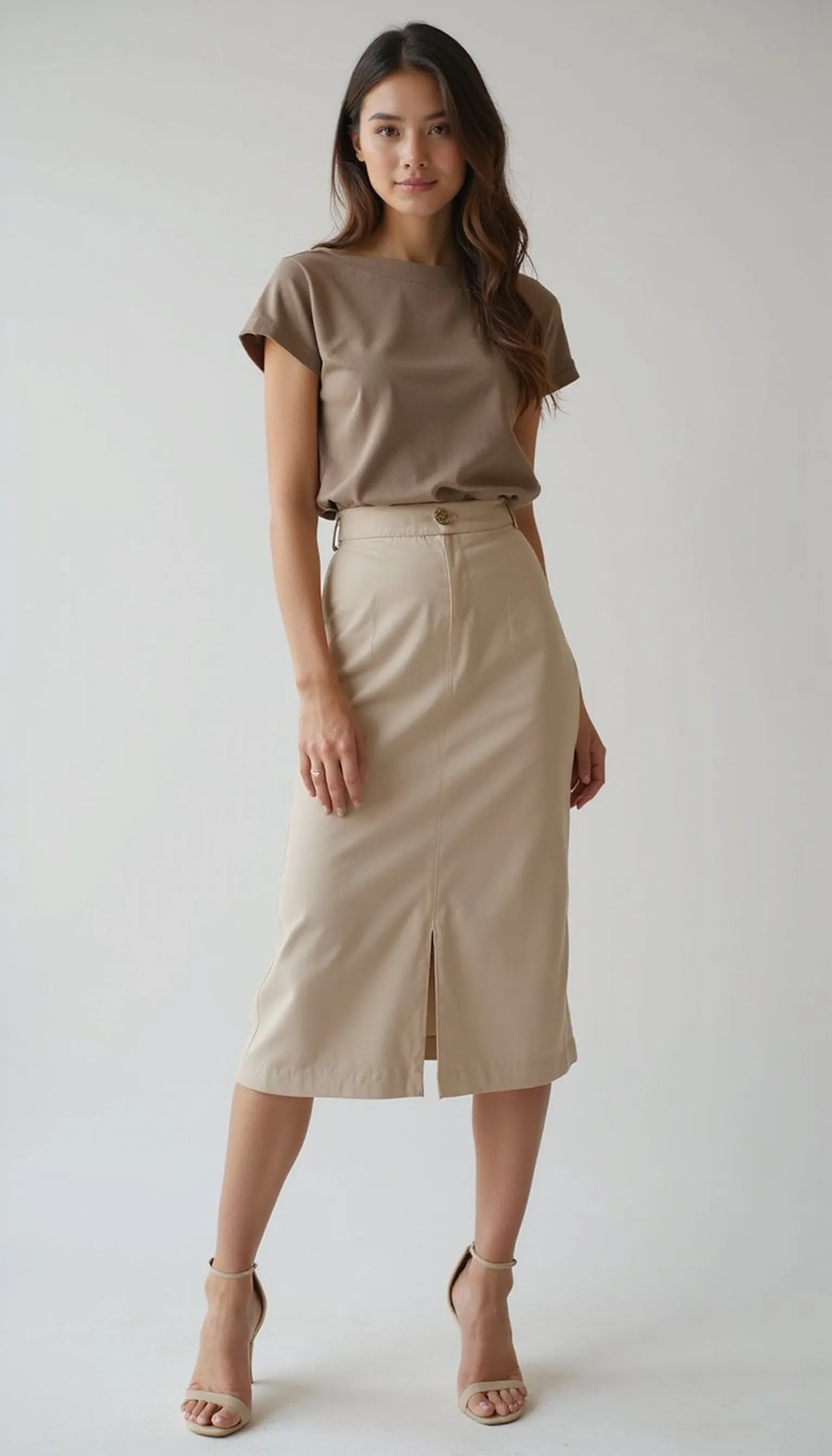 Boatneck top and slim skirt for a balanced frame