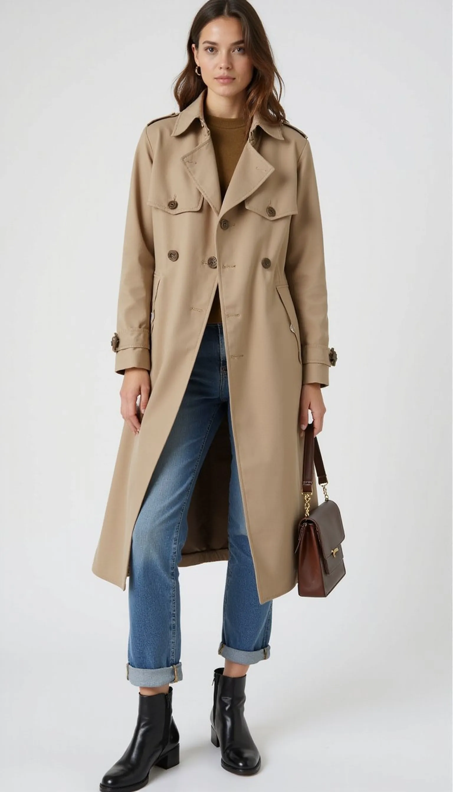 Fitted trench coat with ankle-length jeans