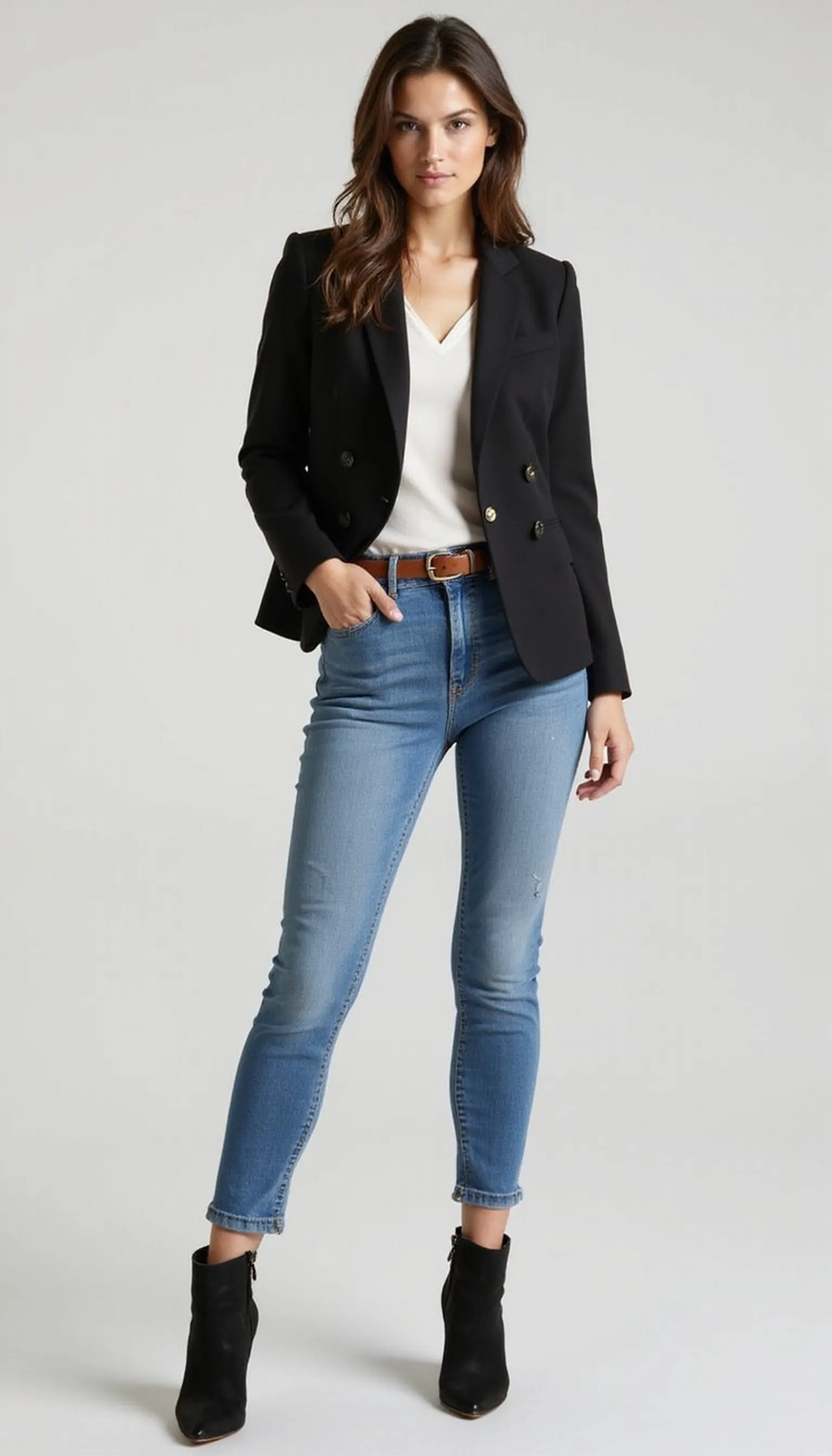 High-waist jeans + cropped blazer for added height
