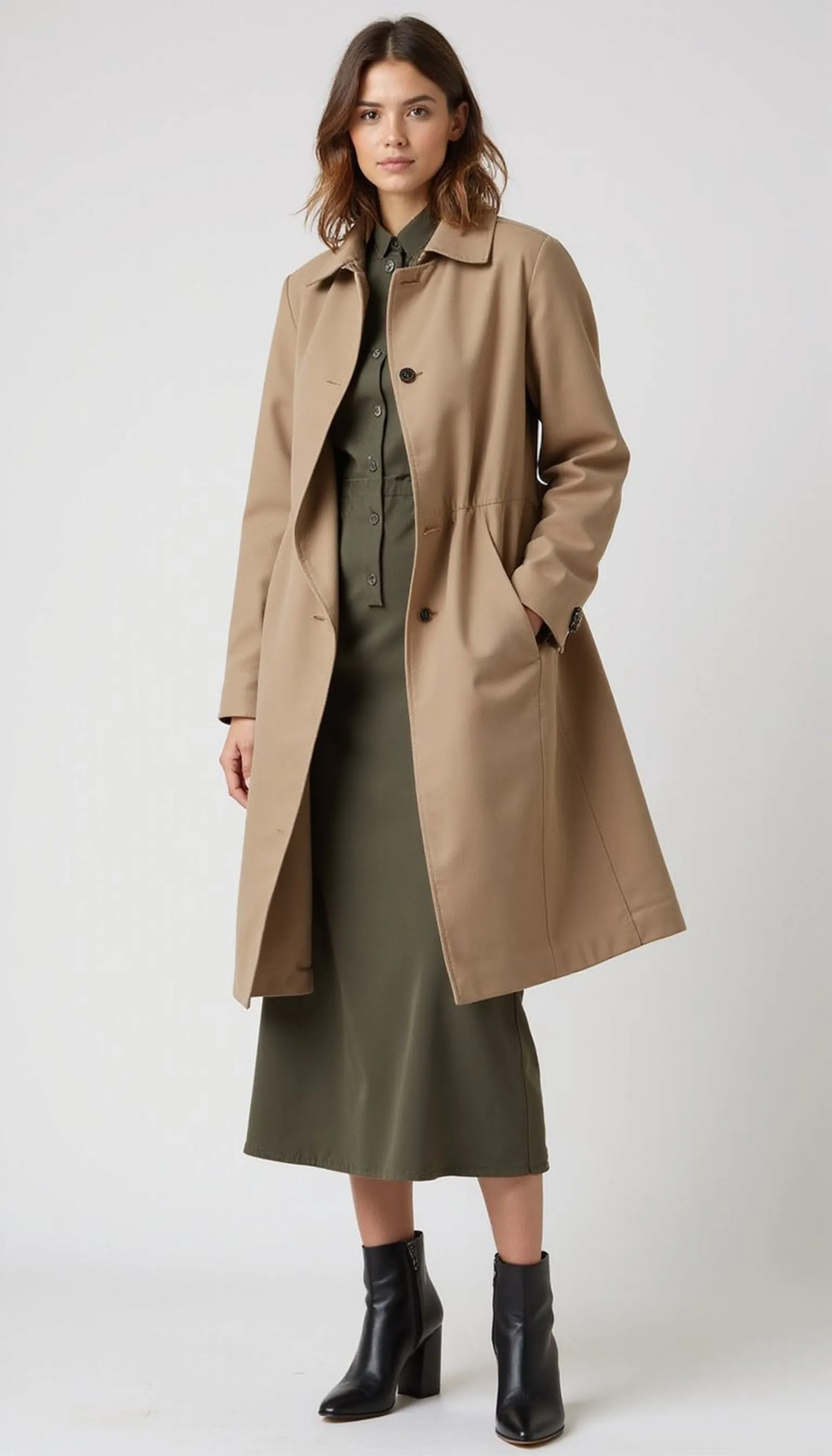 Layered lightweight coat with midi dress finesse