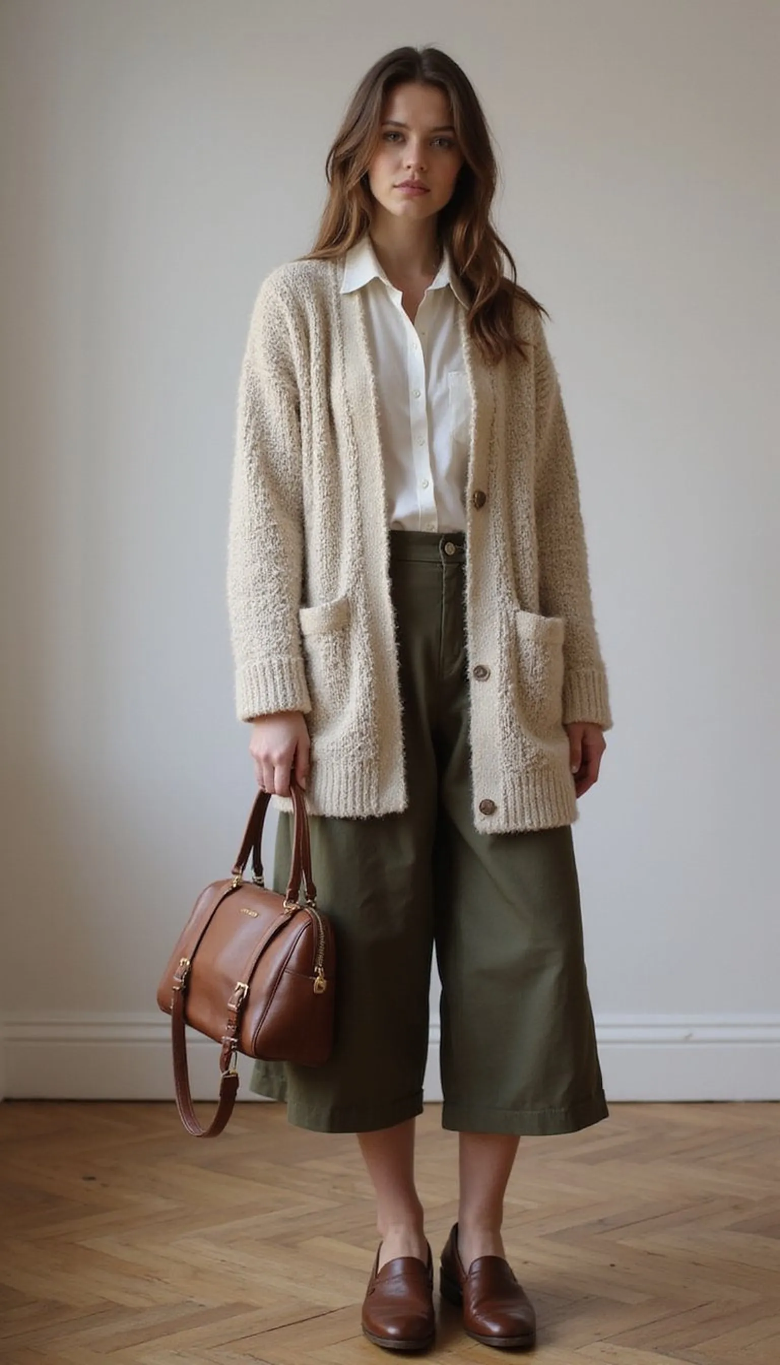 Cardigan layered over shirt and culottes