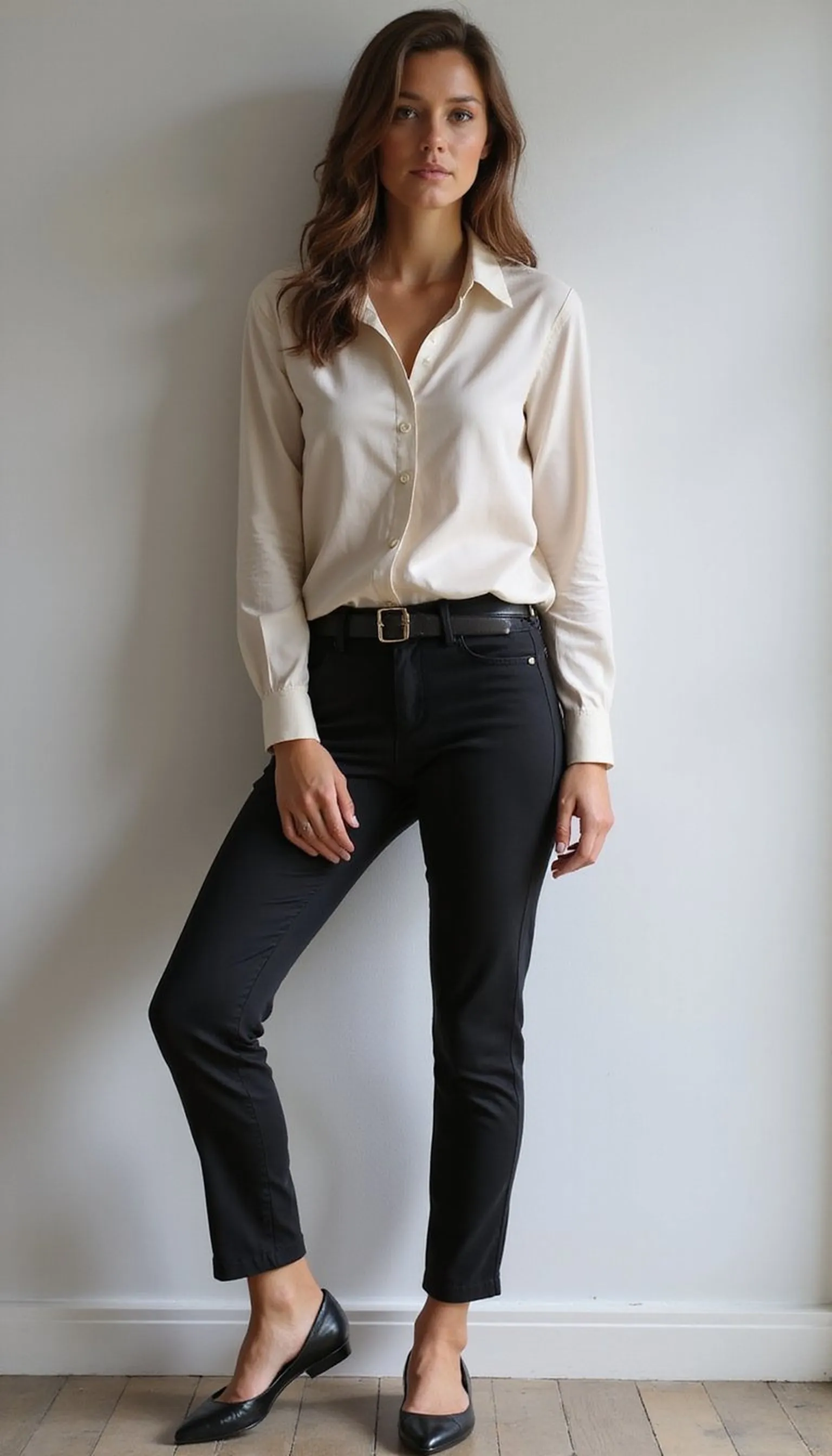 Silk blouse with tailored trousers and flats