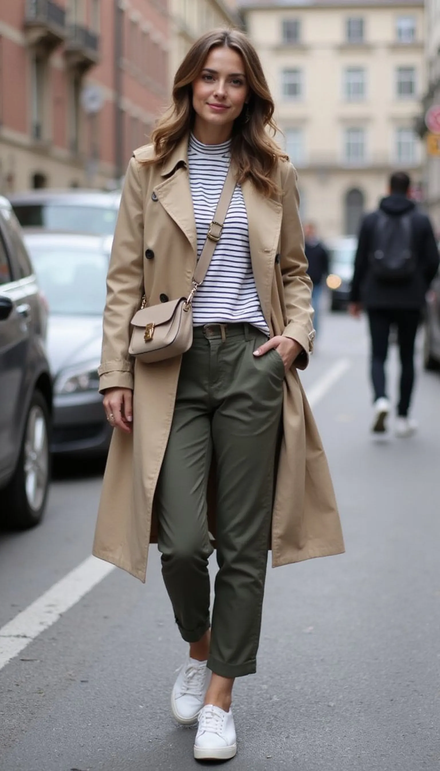 Trench coat over striped tee and chinos