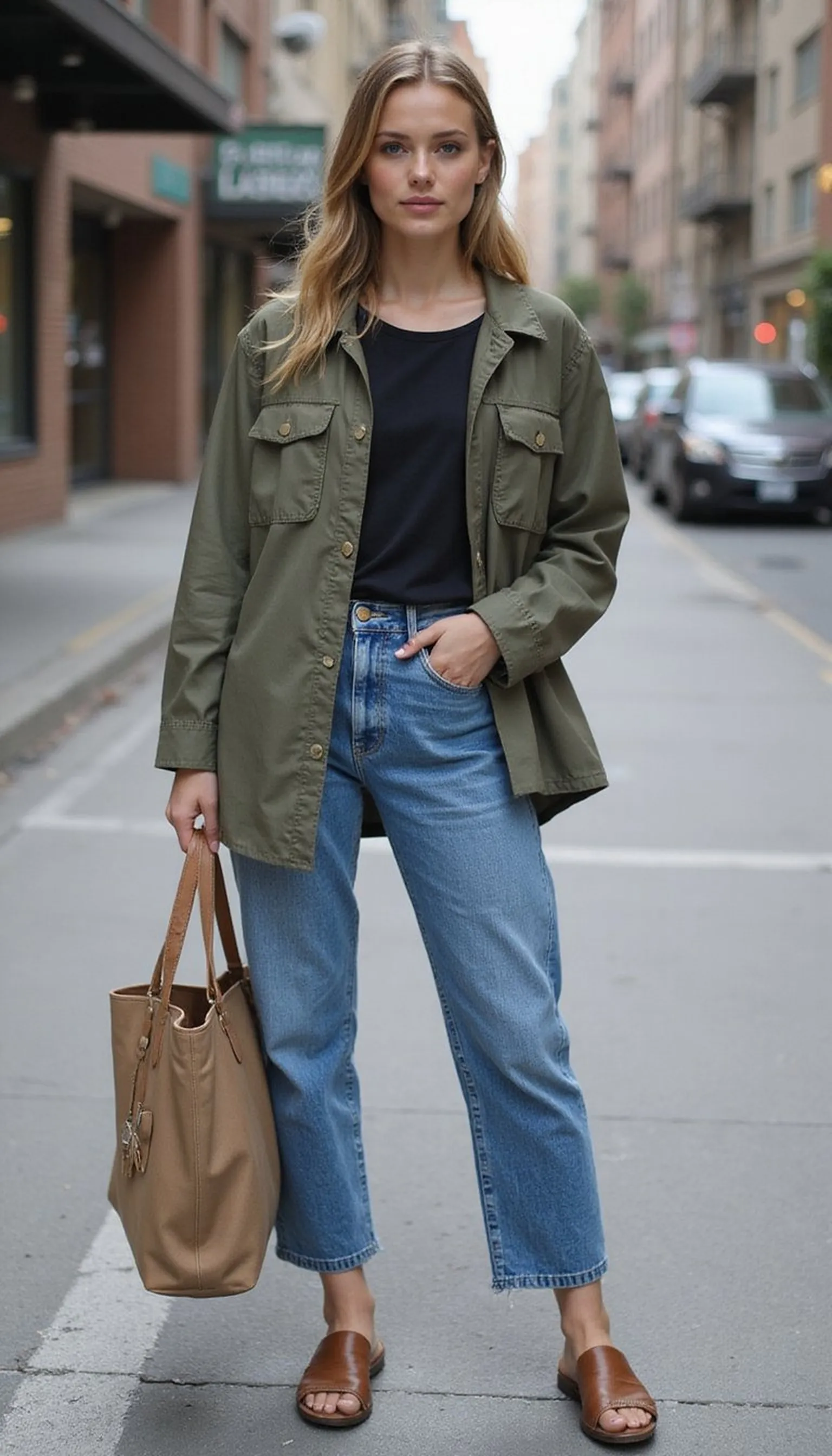 Utility shacket with straight denim and mules