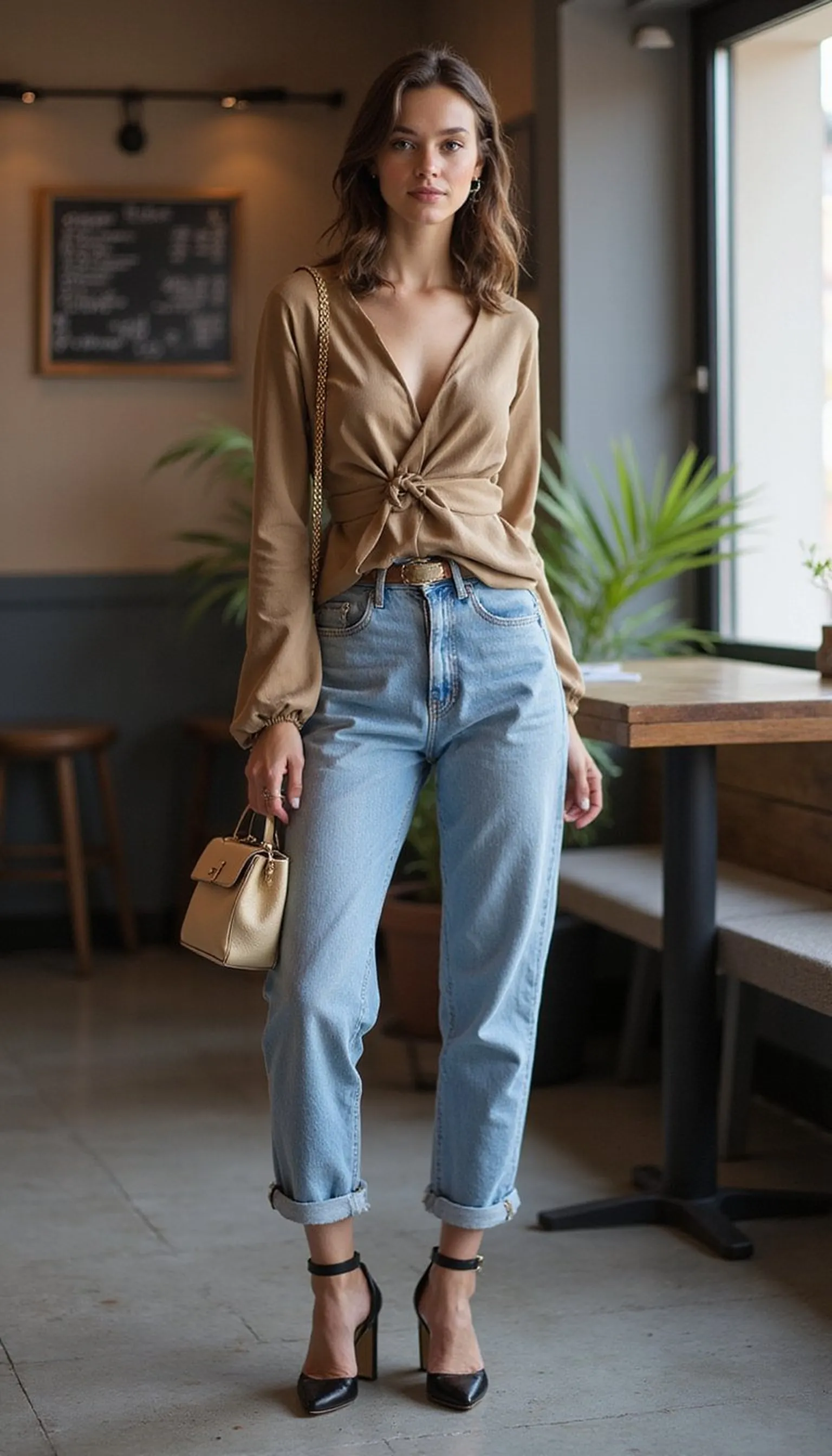 Wrap top with high-waist jeans and block heels
