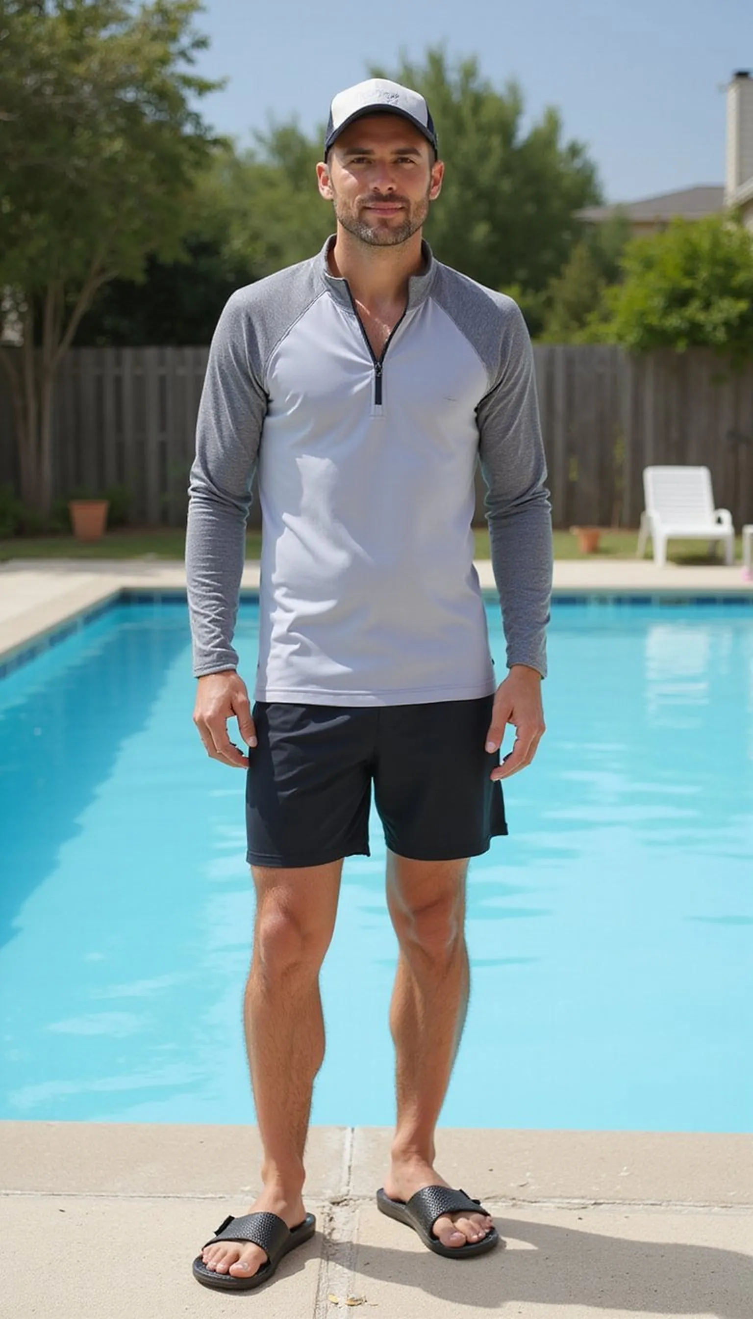 Sporty swim set with zip-up rashguard and water sandals