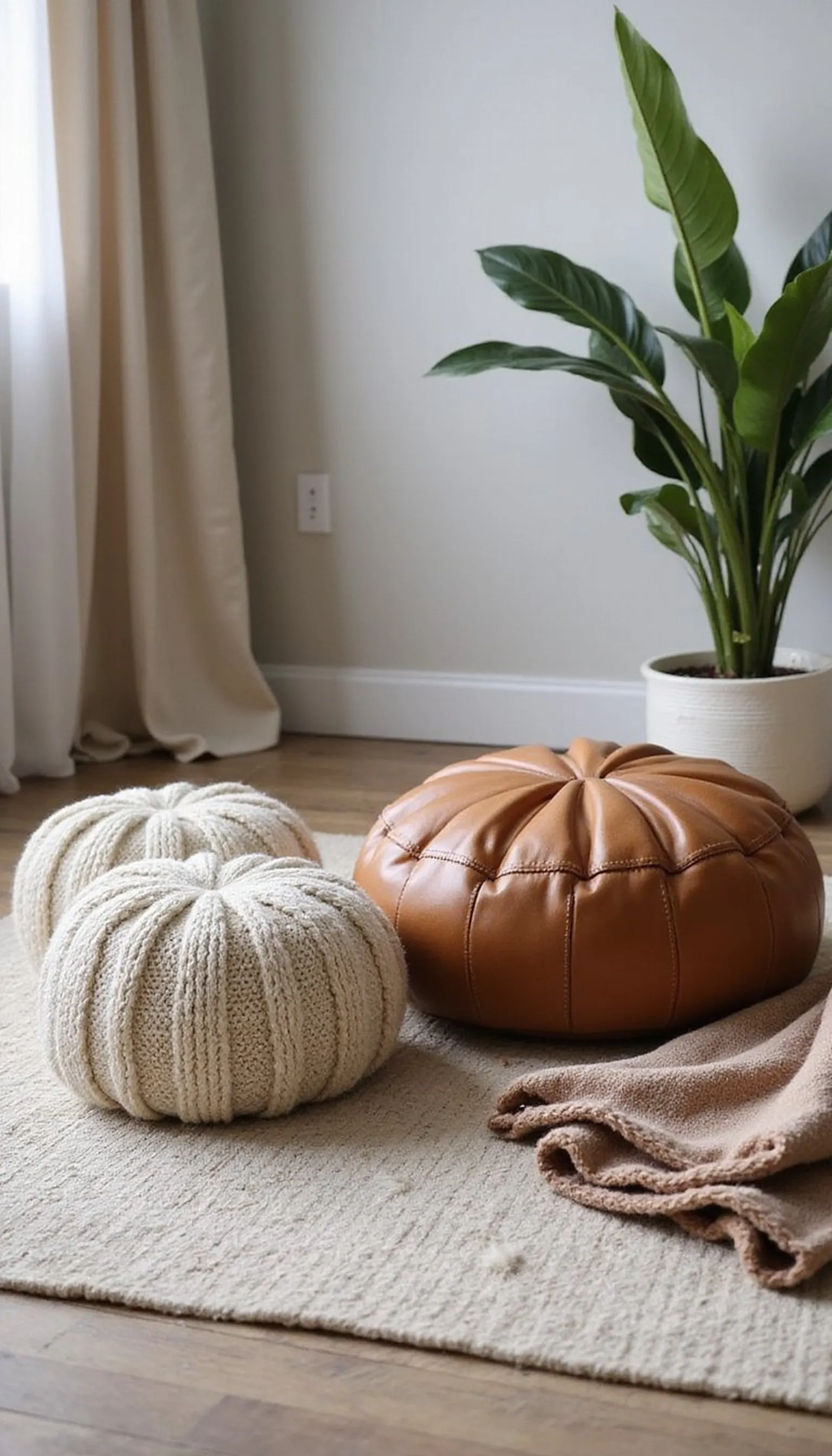Add textured poufs for flexible seating and softness