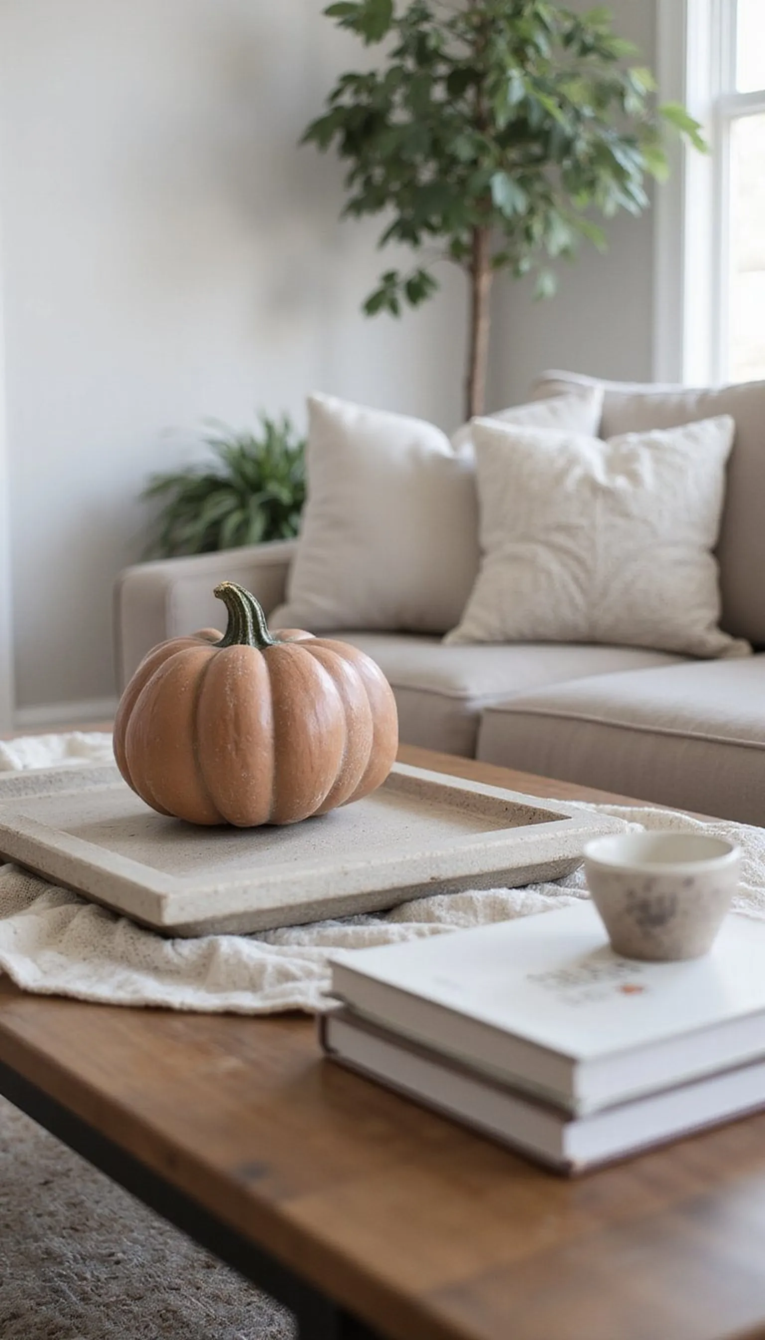 Coffee table vignette: stoneware, books, and a ceramic pumpkin