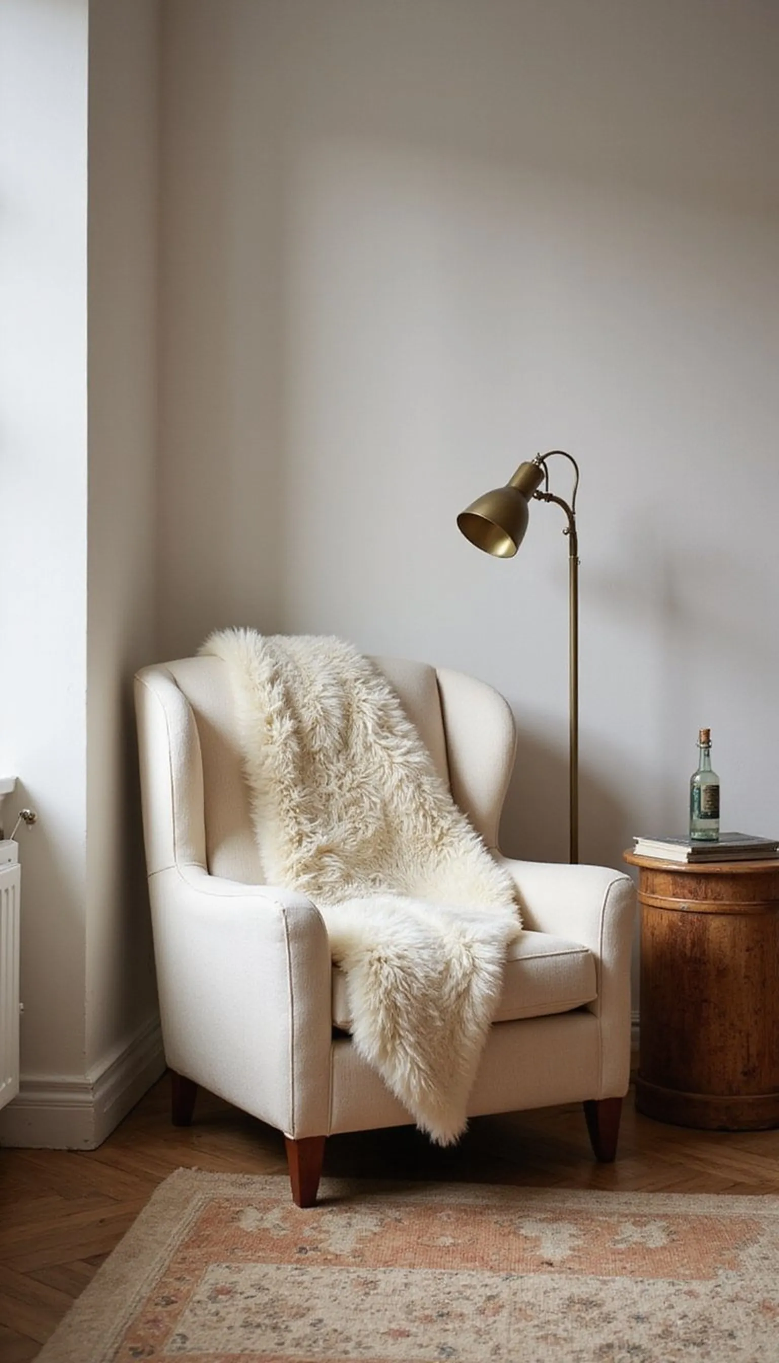 Create a cozy reading nook with bouclé and brass lighting