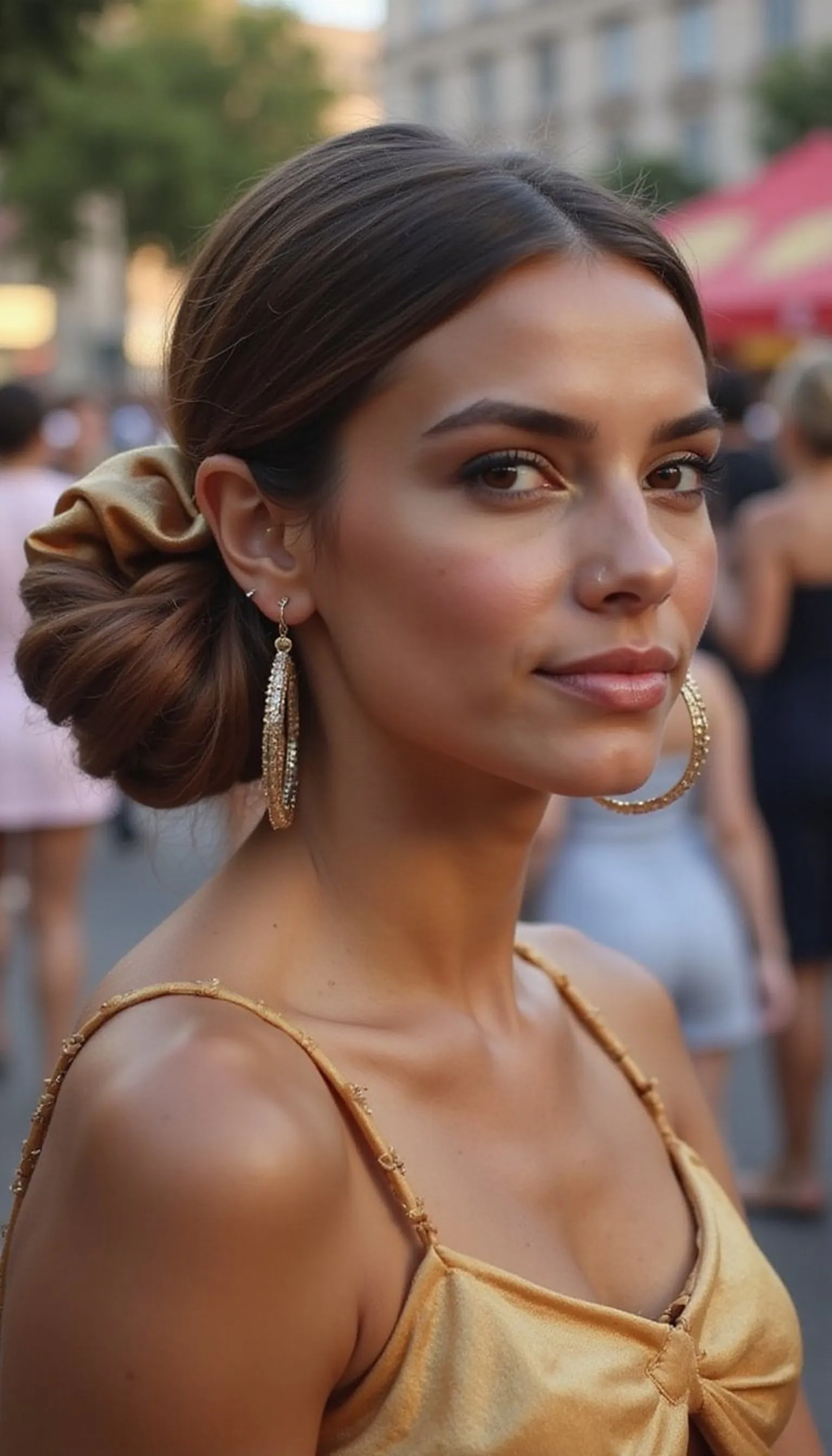 Satin Scrunchie Low Bun With Hoop Earrings