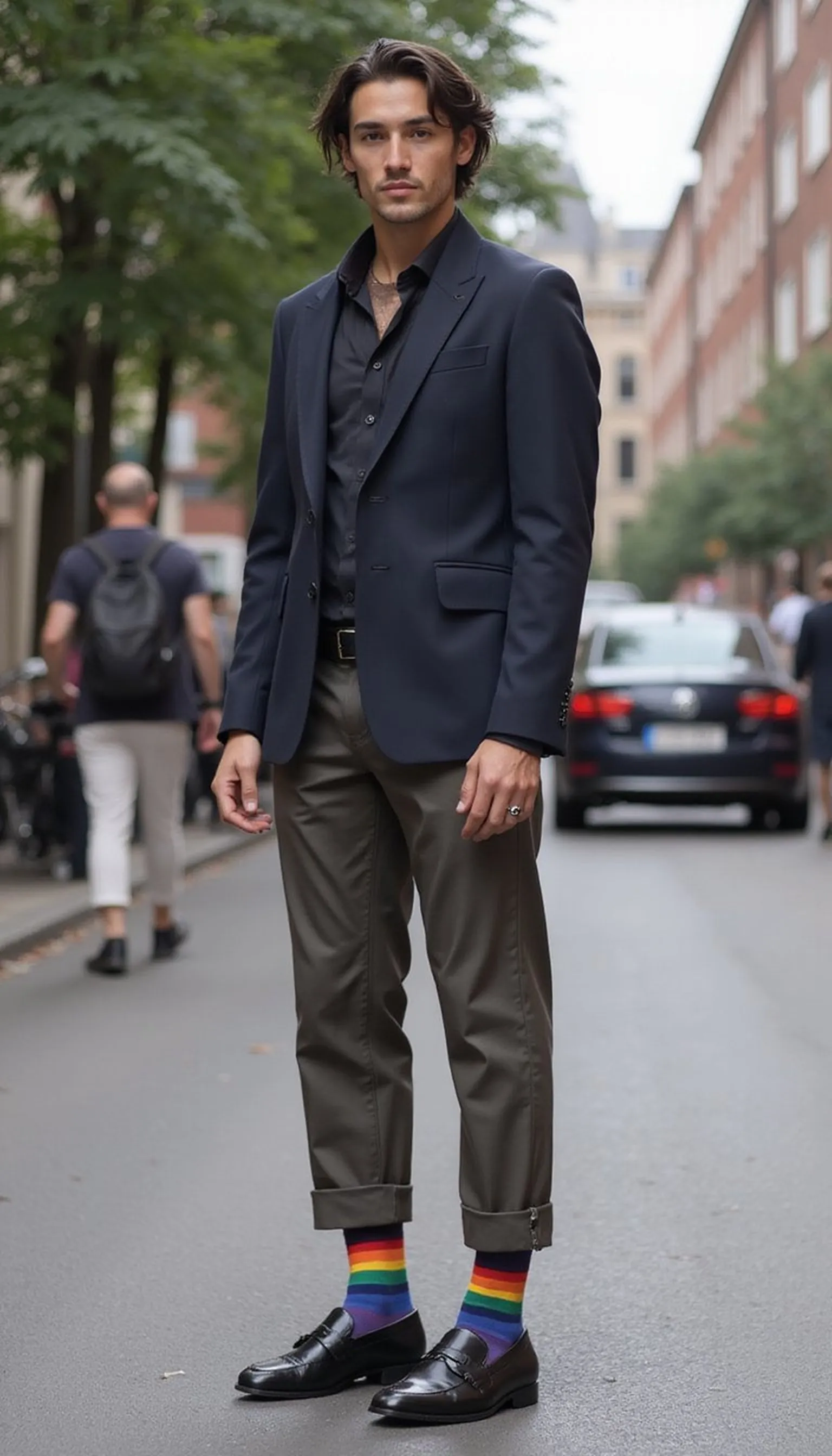 Androgynous blazer and cigarette pants with rainbow socks