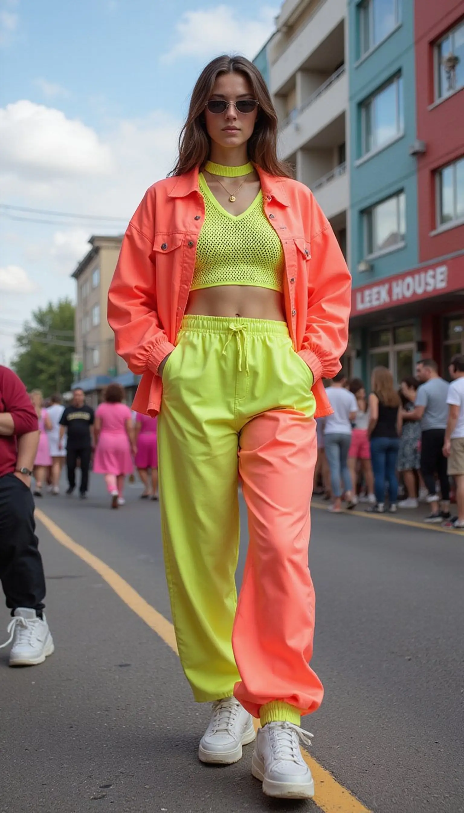 Neon 80s inspired crop top and high-waist pants