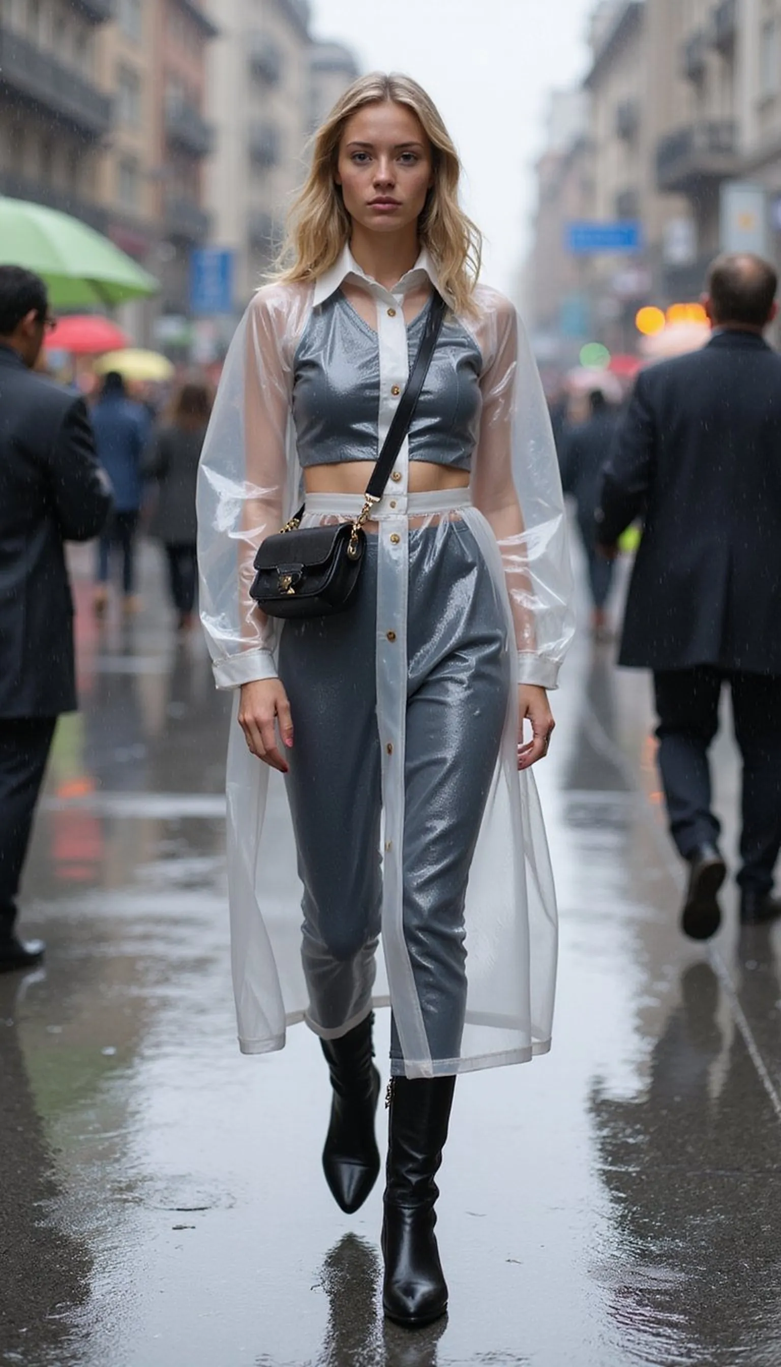 PVC raincoat and waterproof boots for rainy parades