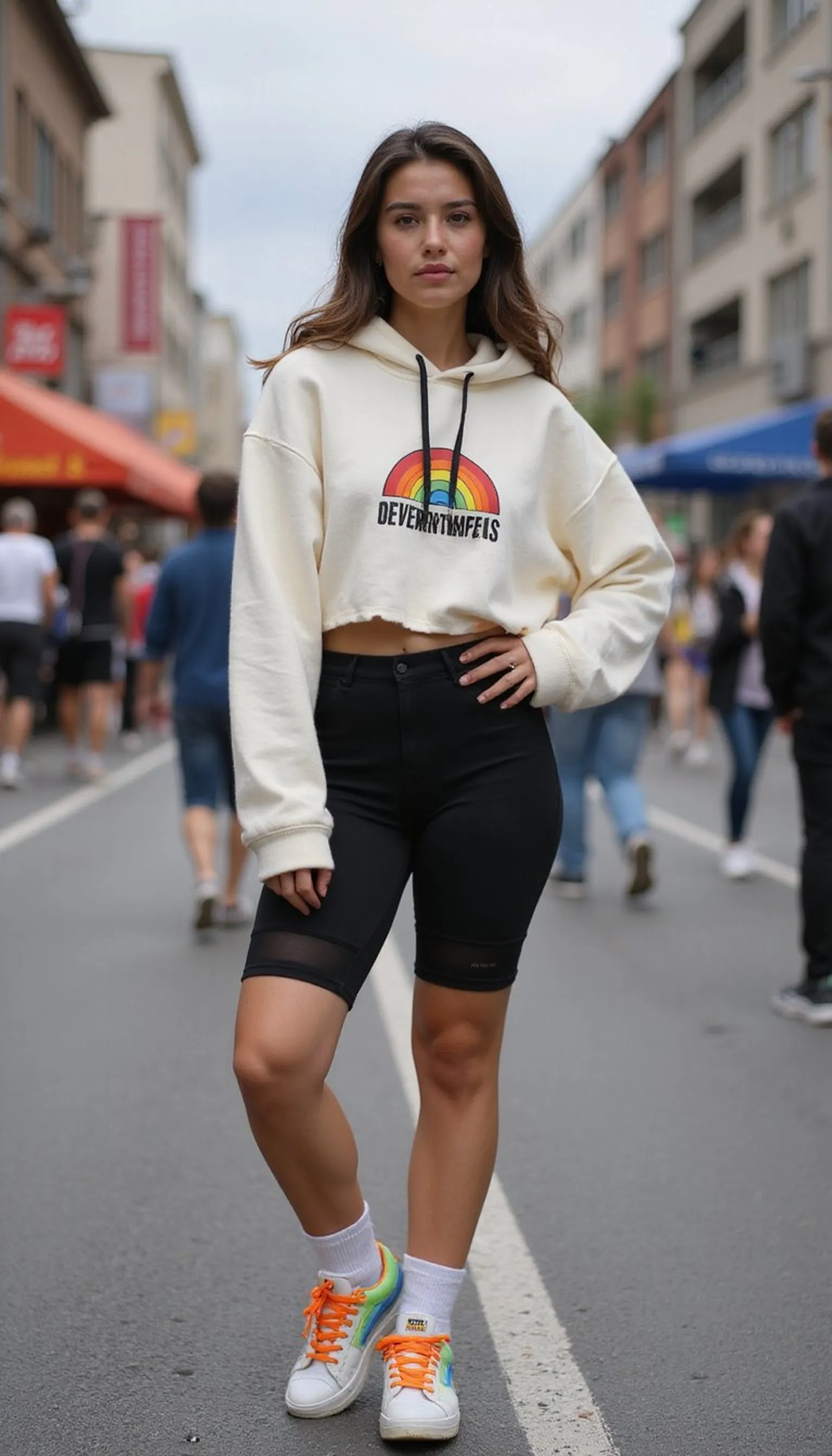 Sporty pride athleisure with rainbow sneakers